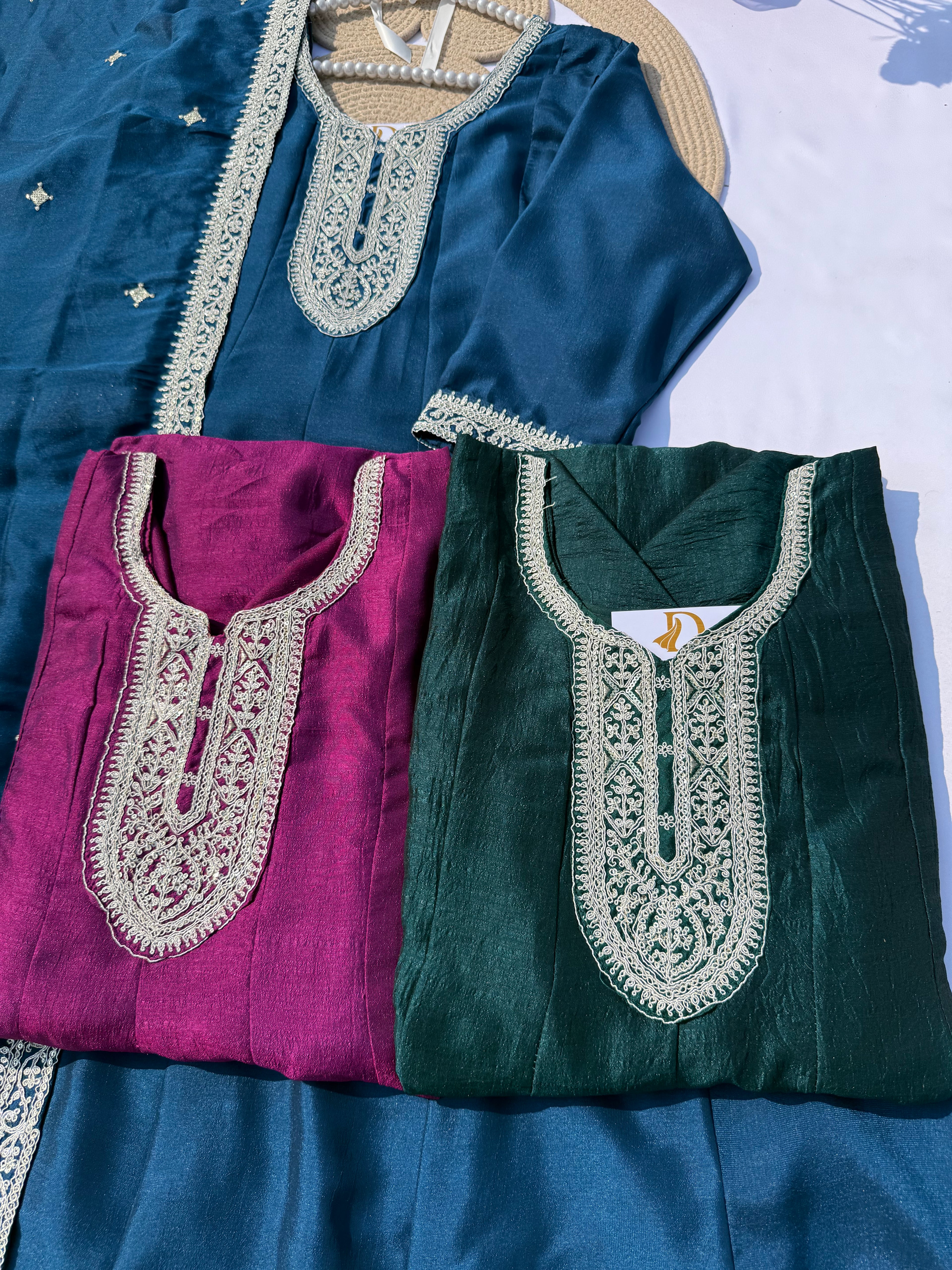 A-107 Vichitra Silk Anarkali Suit Set with Heavy Neck & Daman Embroidery and Full Work Dupatta