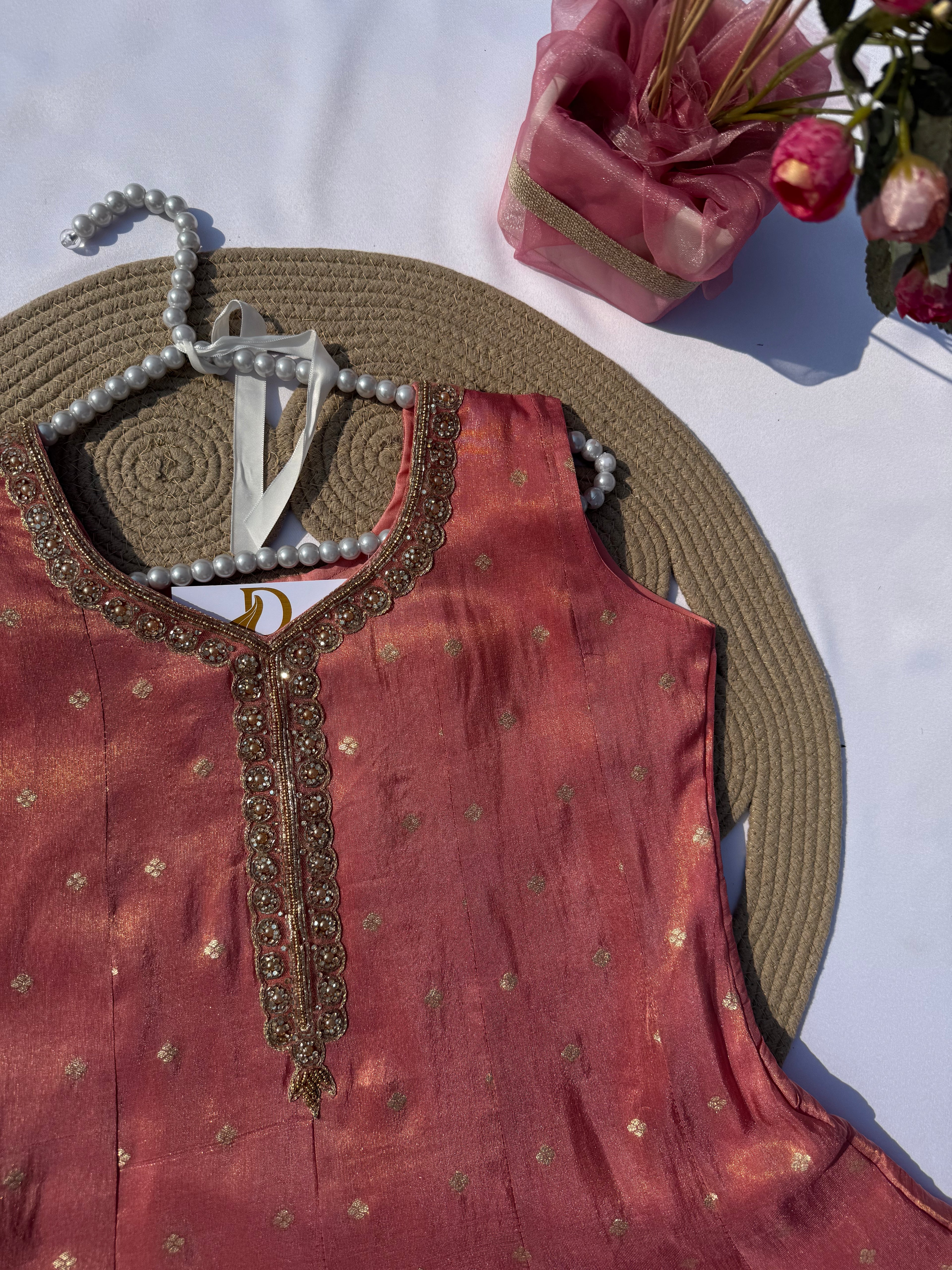 A-108 Jacquard Silk Anarkali Suit Set with Handworked Neck, Designer Daman & Full-Size Dupatta