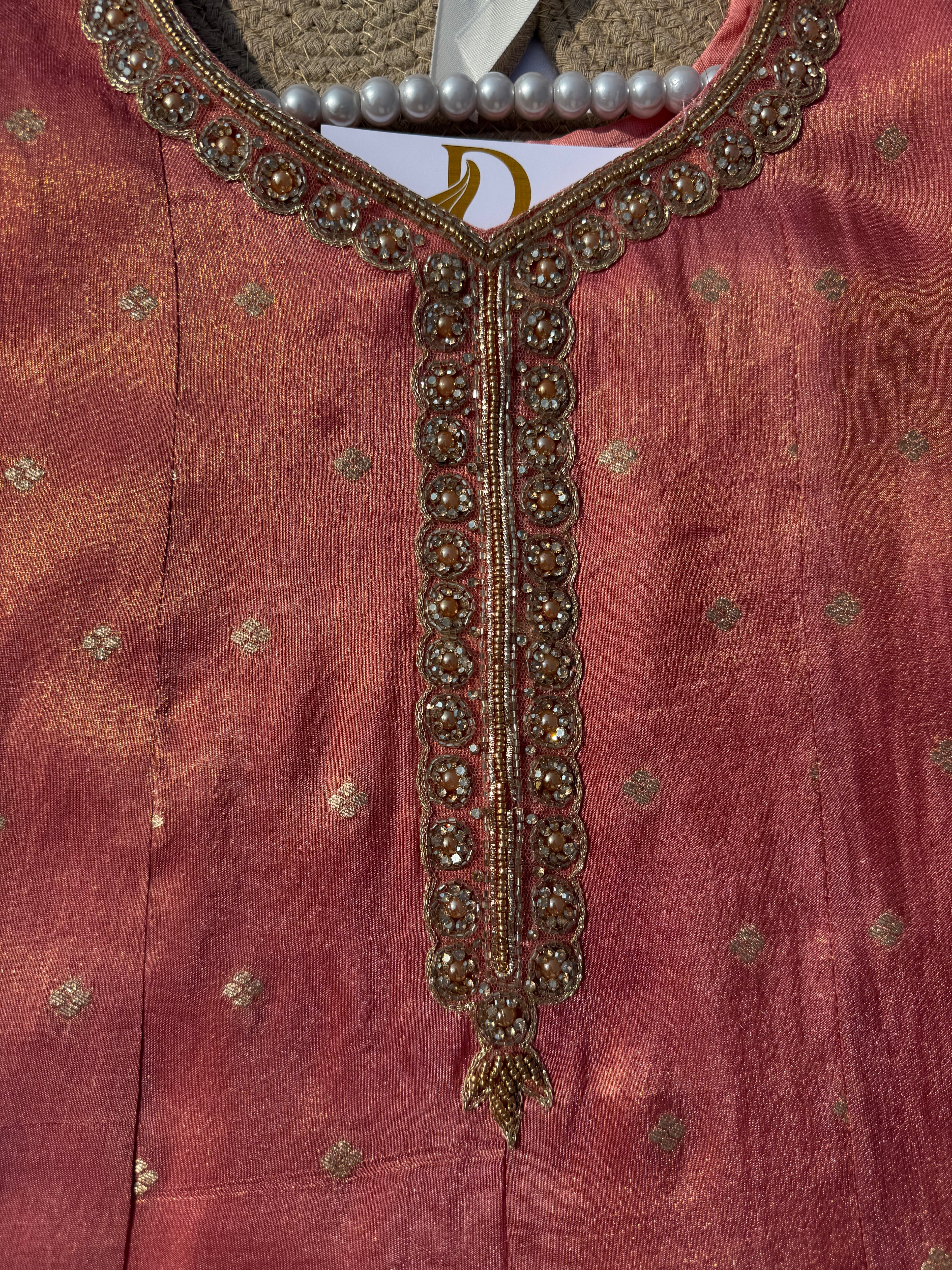 A-108 Jacquard Silk Anarkali Suit Set with Handworked Neck, Designer Daman & Full-Size Dupatta