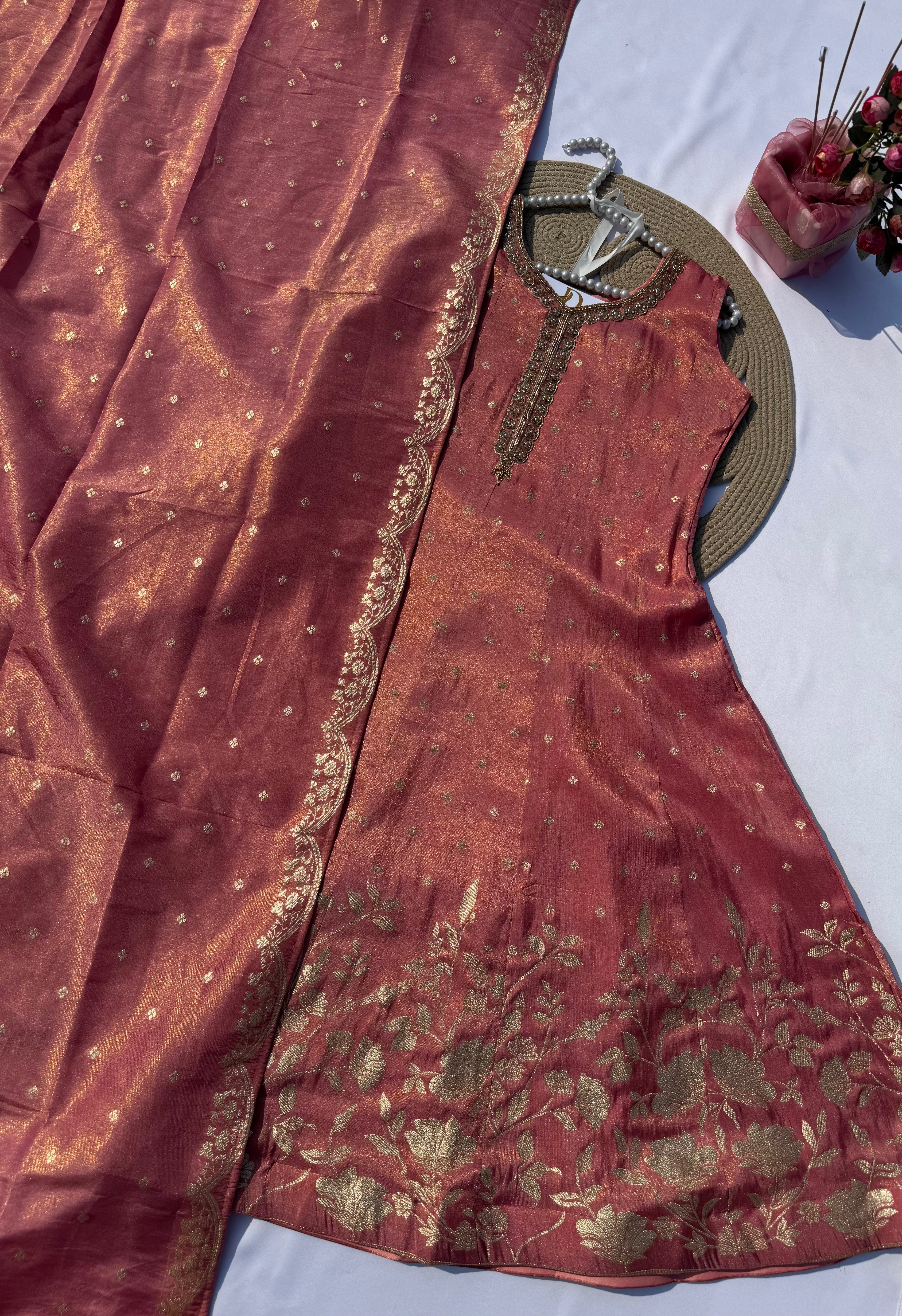 A-108 Jacquard Silk Anarkali Suit Set with Handworked Neck, Designer Daman & Full-Size Dupatta