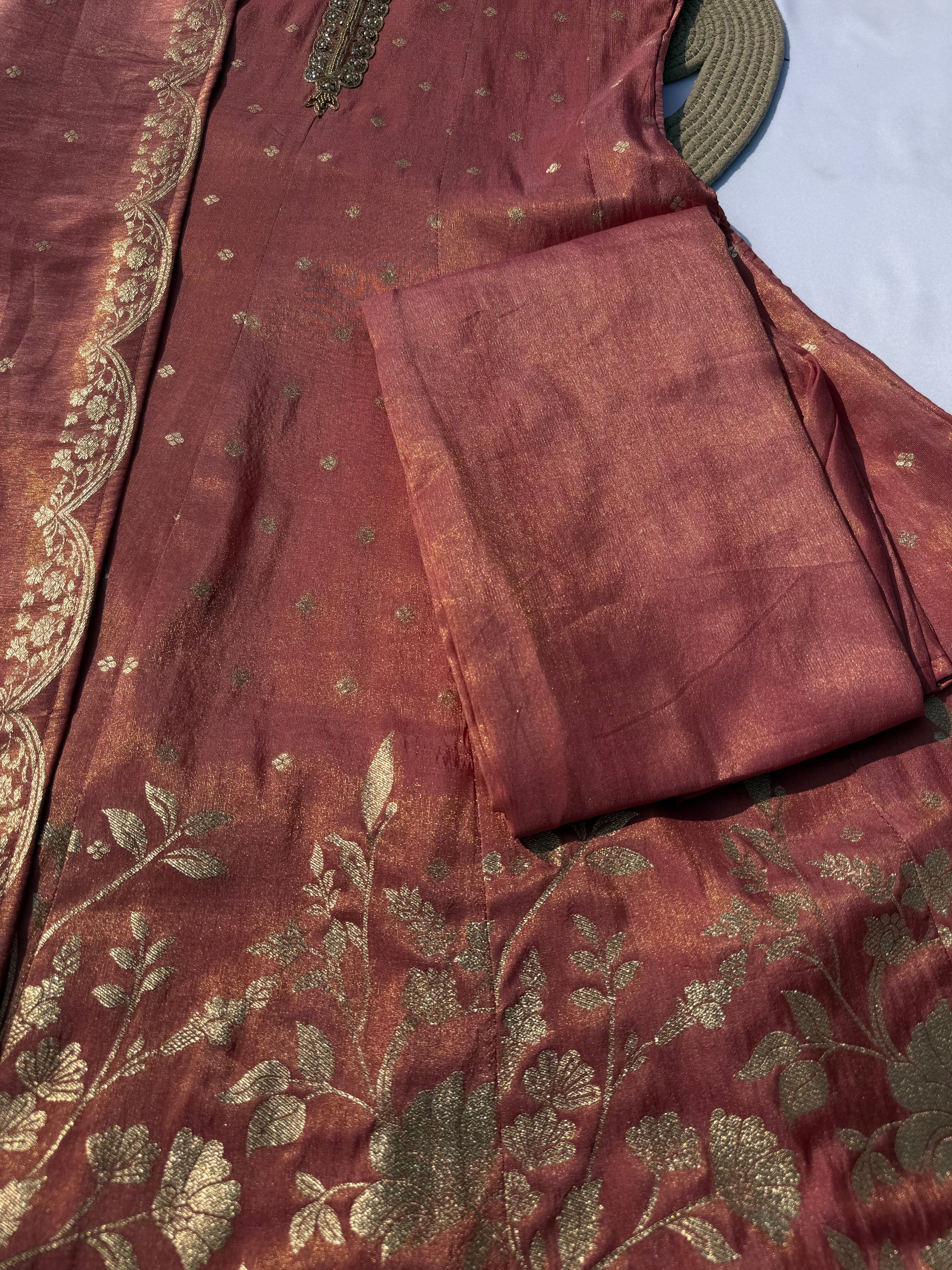 A-108 Jacquard Silk Anarkali Suit Set with Handworked Neck, Designer Daman & Full-Size Dupatta