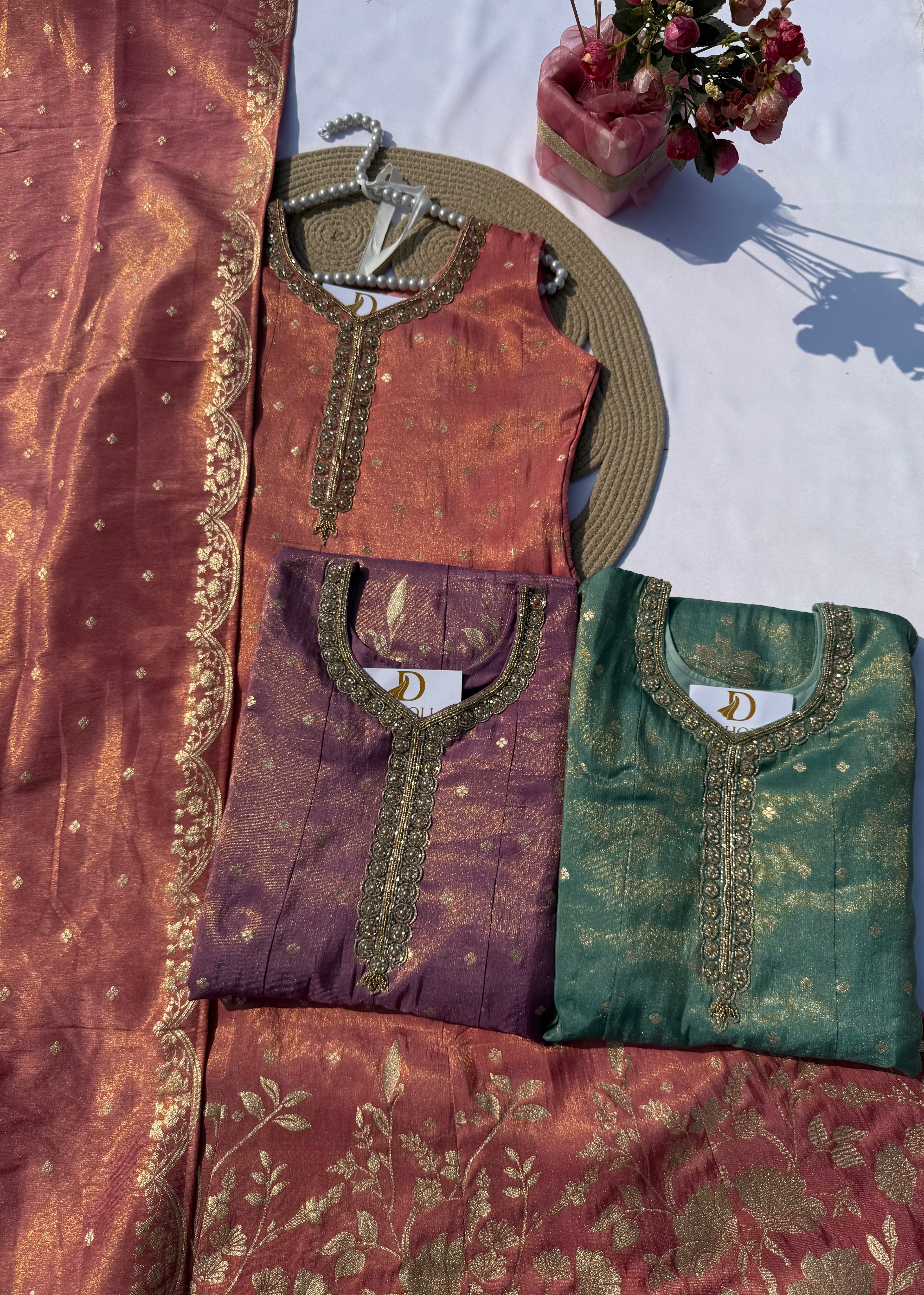 A-108 Jacquard Silk Anarkali Suit Set with Handworked Neck, Designer Daman & Full-Size Dupatta