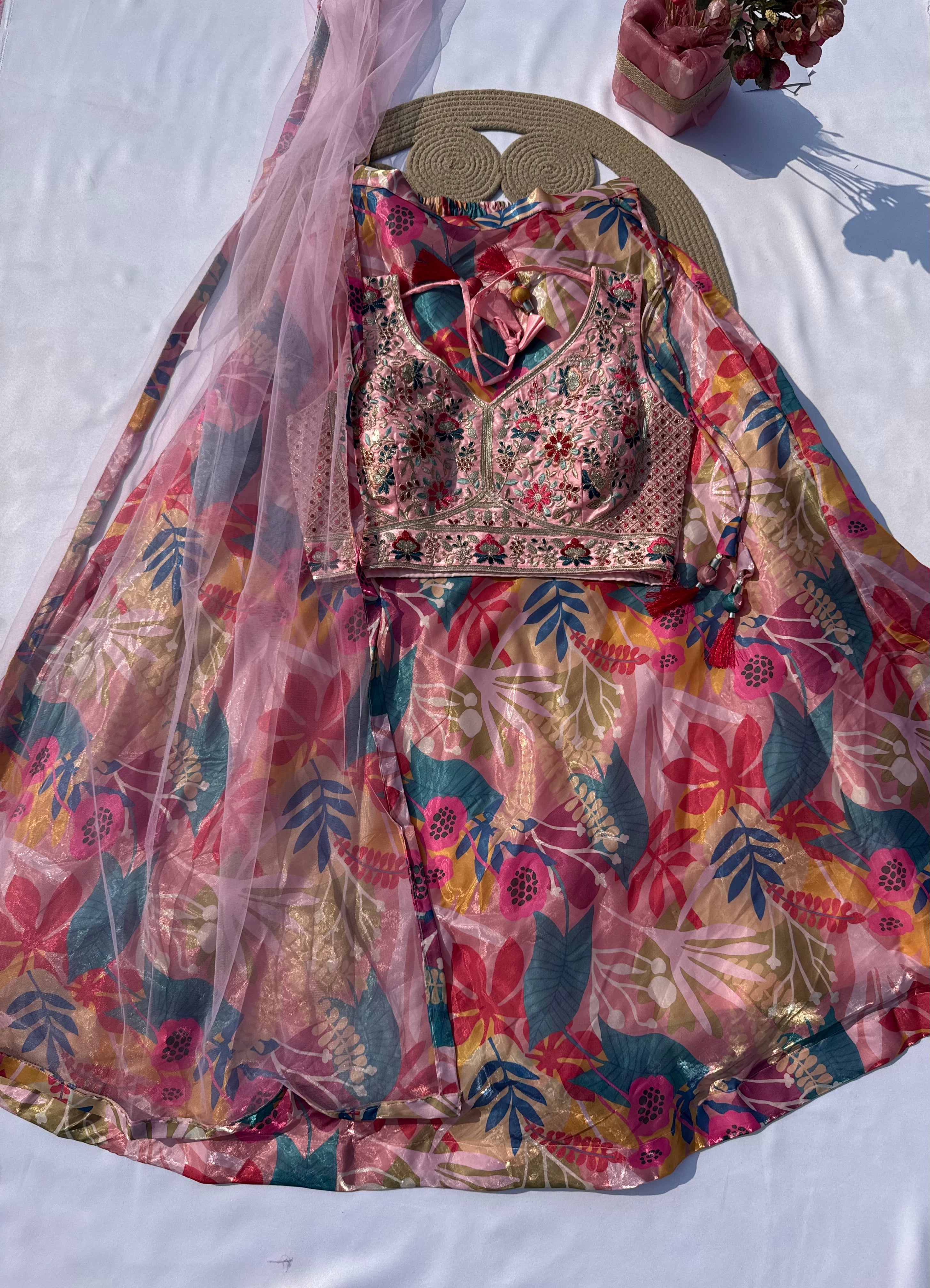 L-104 Jimmy Choo Printed Lehenga Set with Embroidered Banglori Choli