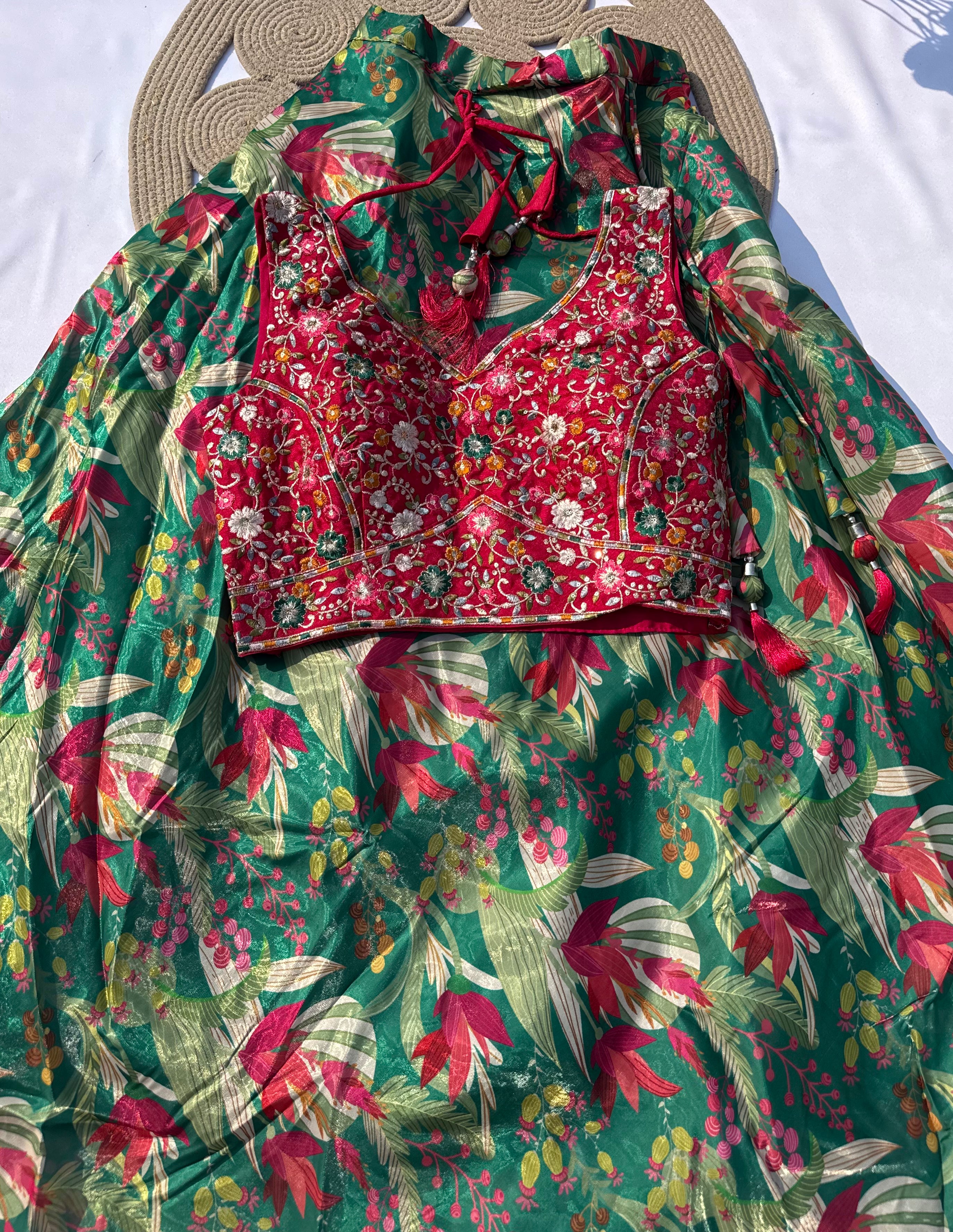 L-106 Jimmy Choo Printed Lehenga Set with Contrast Embroidered Banglori Choli & Net Dupatta