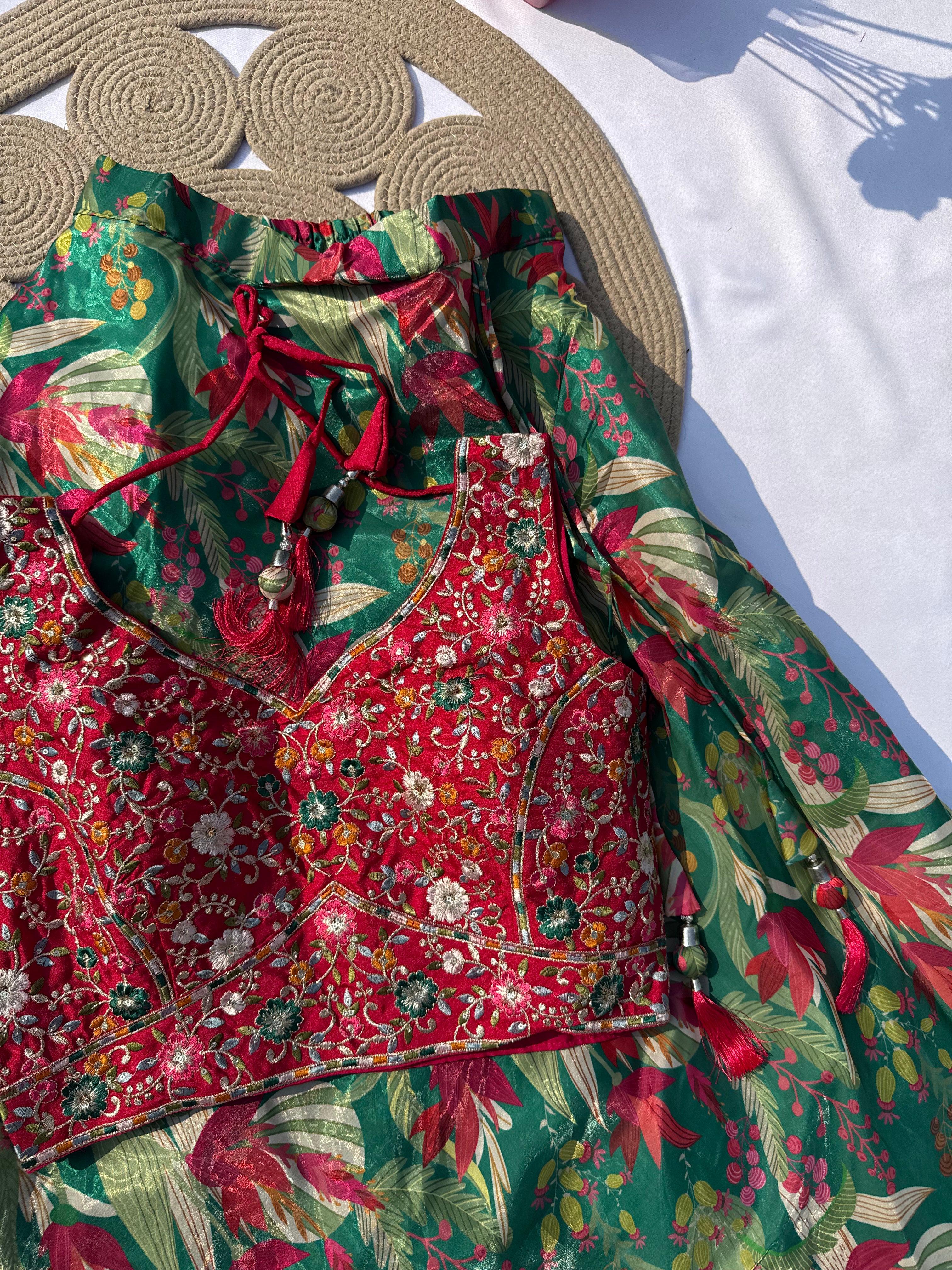 L-106 Jimmy Choo Printed Lehenga Set with Contrast Embroidered Banglori Choli & Net Dupatta