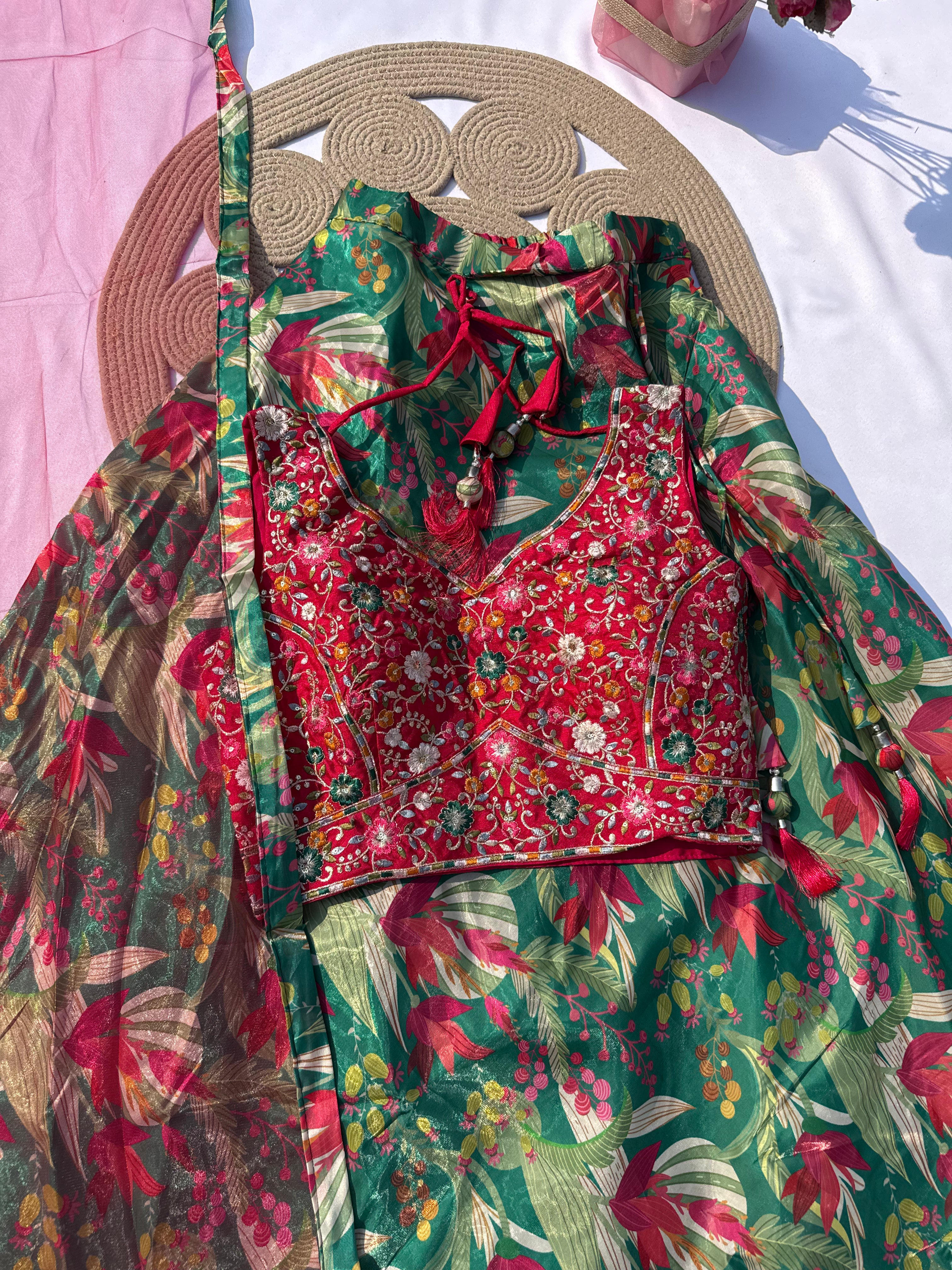 L-106 Jimmy Choo Printed Lehenga Set with Contrast Embroidered Banglori Choli & Net Dupatta