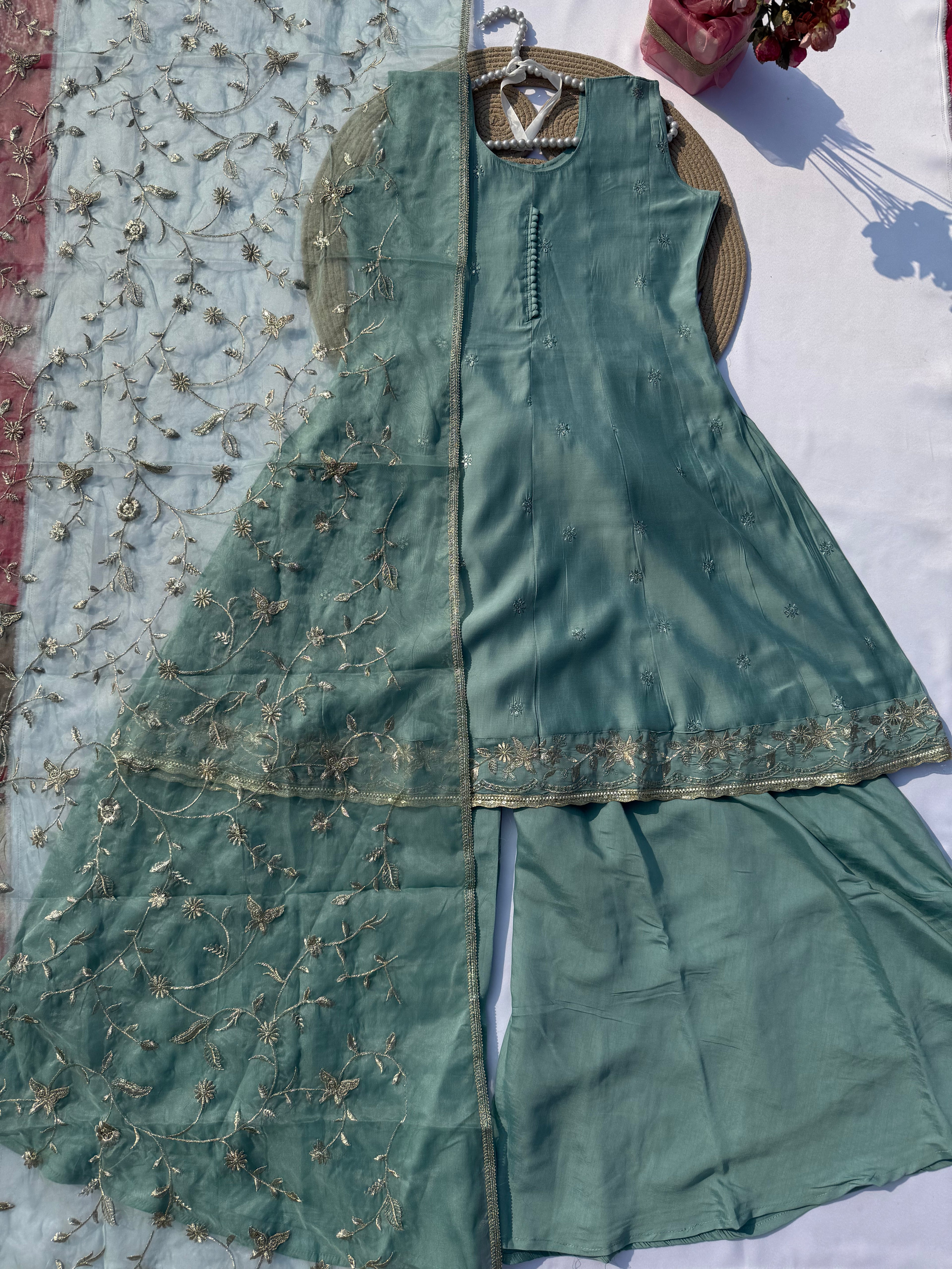 P-102 Roman Silk Russian Palazzo Set with Daman Zari Work & Full Jaali Dupatta