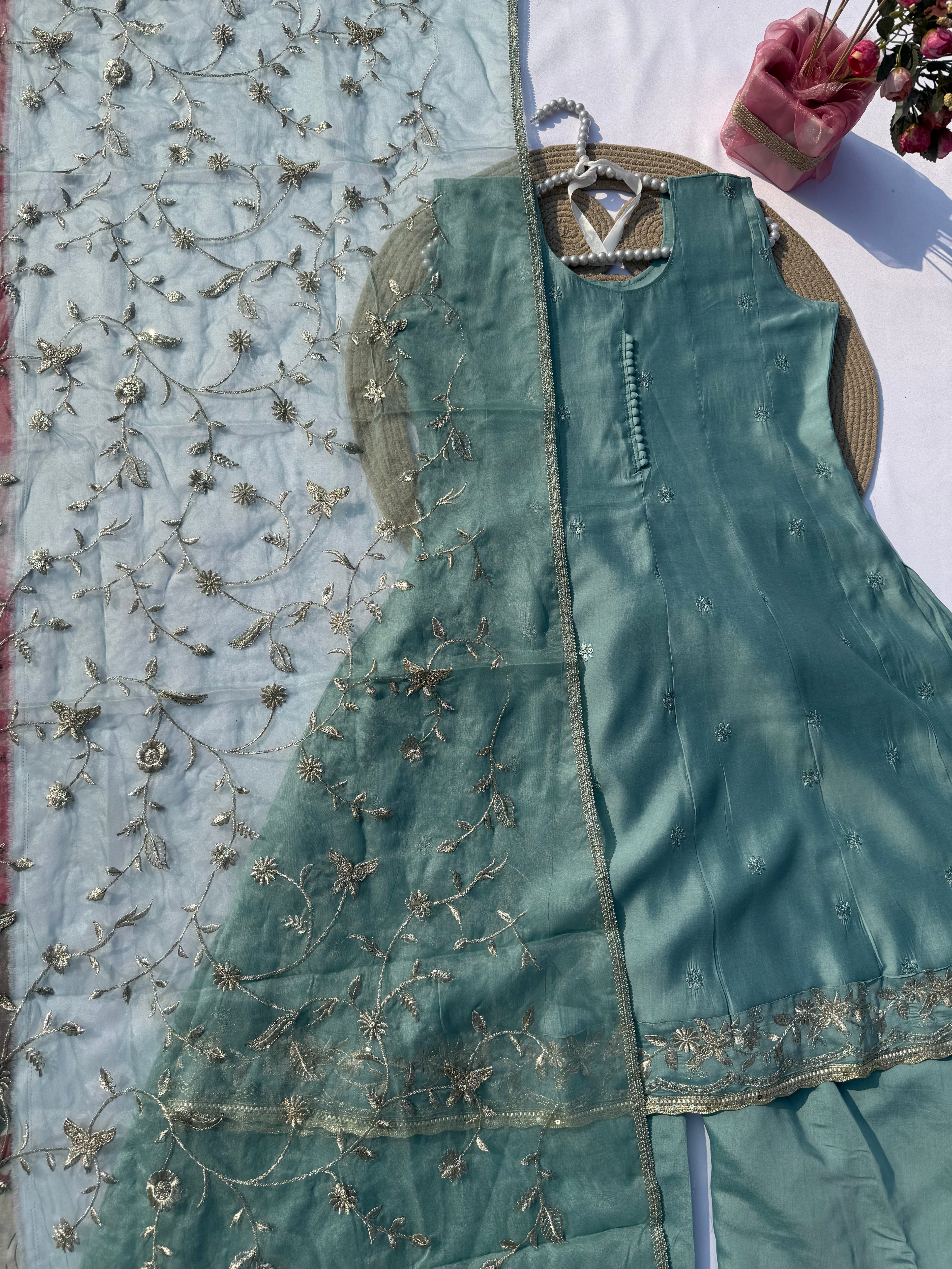 P-102 Roman Silk Russian Palazzo Set with Daman Zari Work & Full Jaali Dupatta