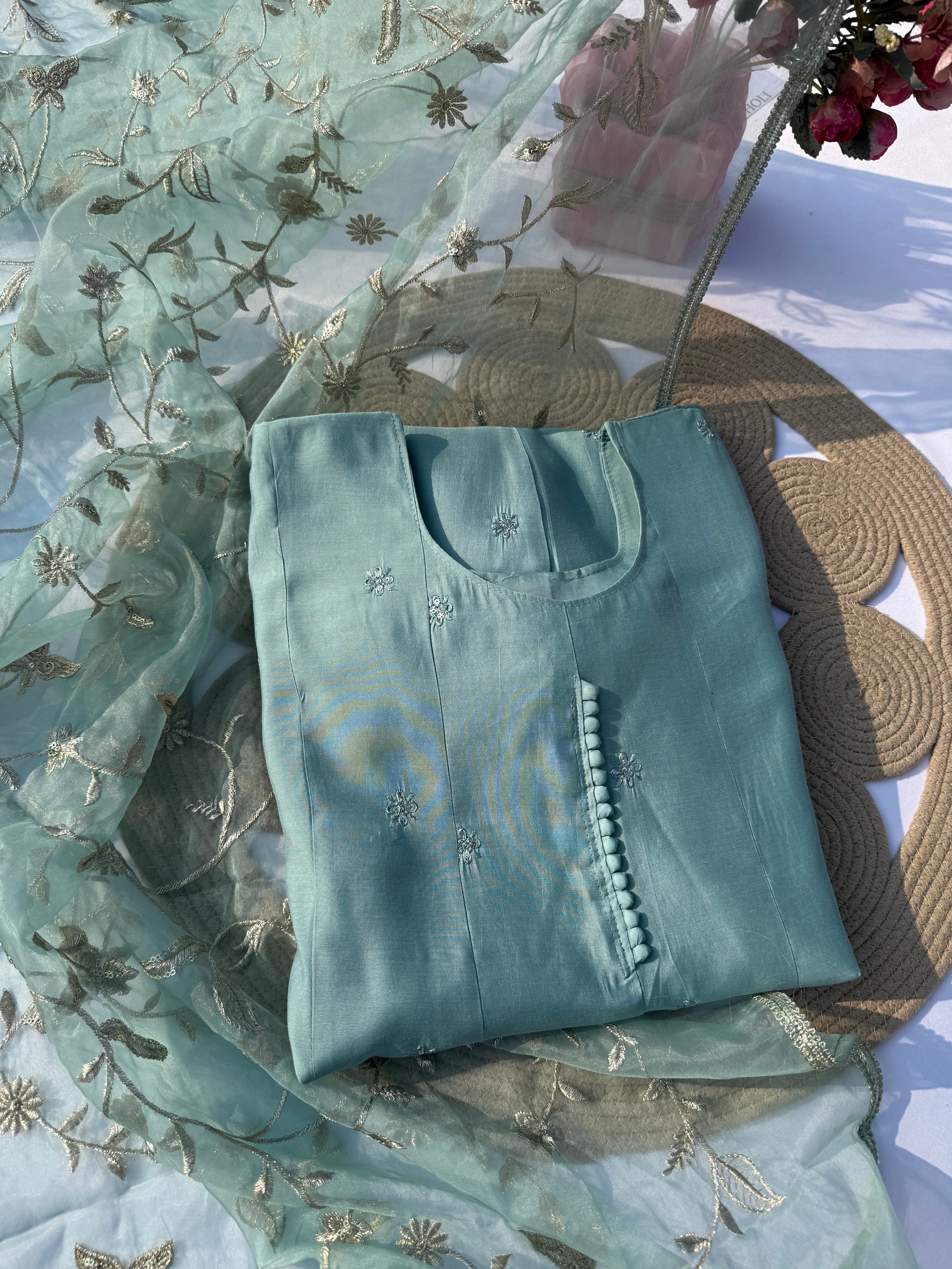 P-102 Roman Silk Russian Palazzo Set with Daman Zari Work & Full Jaali Dupatta