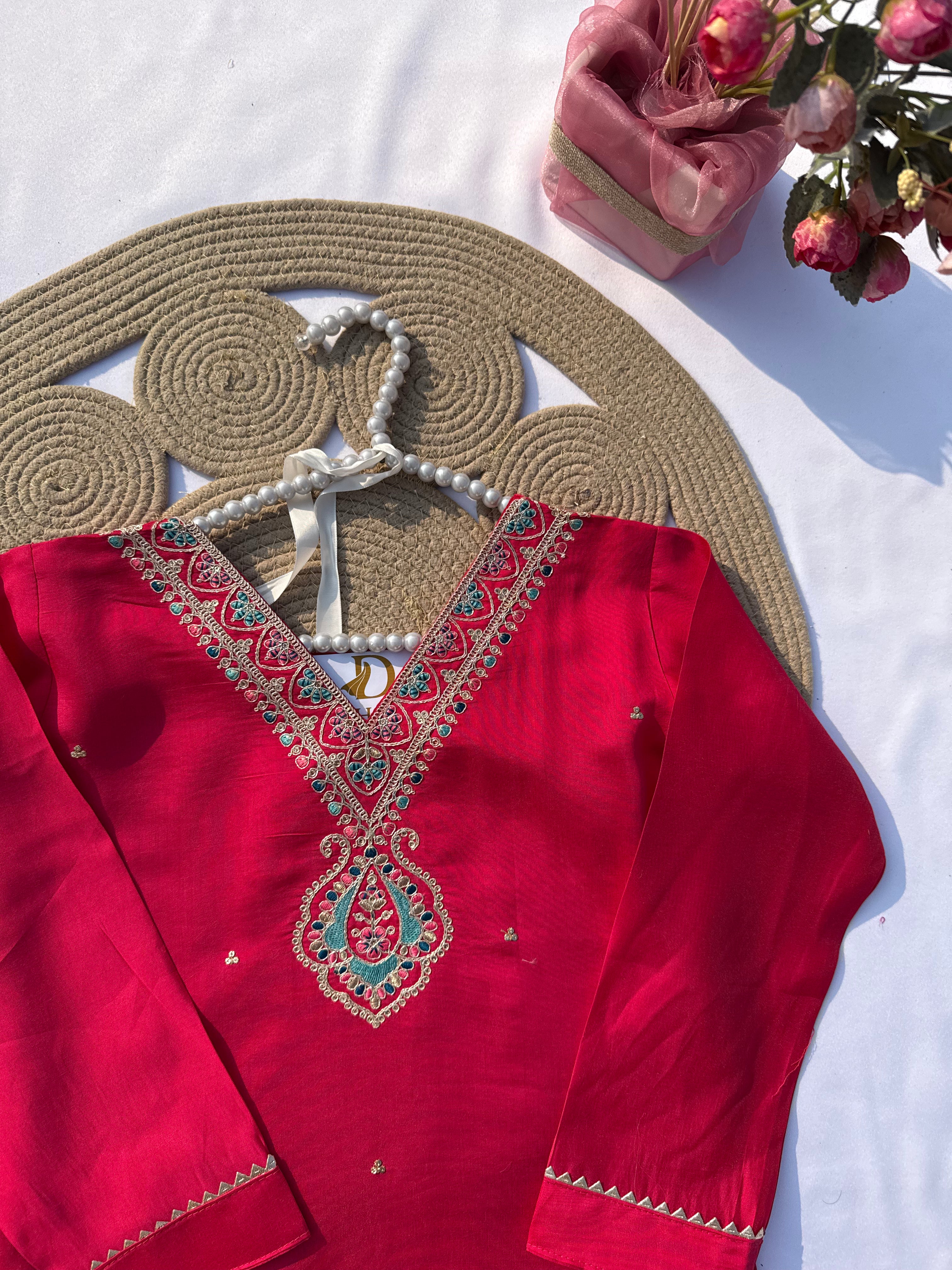 S-114 Roman Silk Suit Set with Embroidered Neck & Digital Dupatta