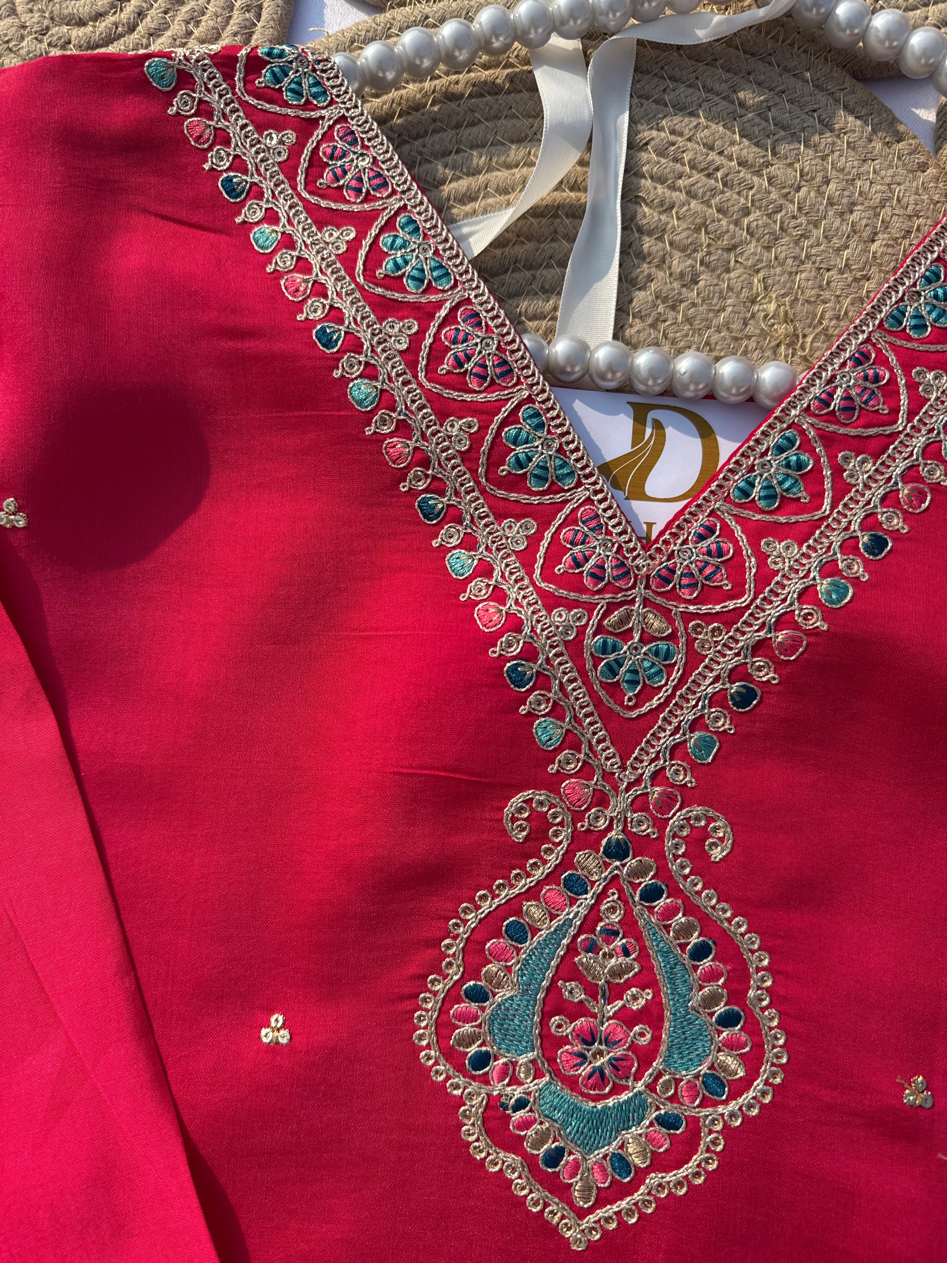 S-114 Roman Silk Suit Set with Embroidered Neck & Digital Dupatta