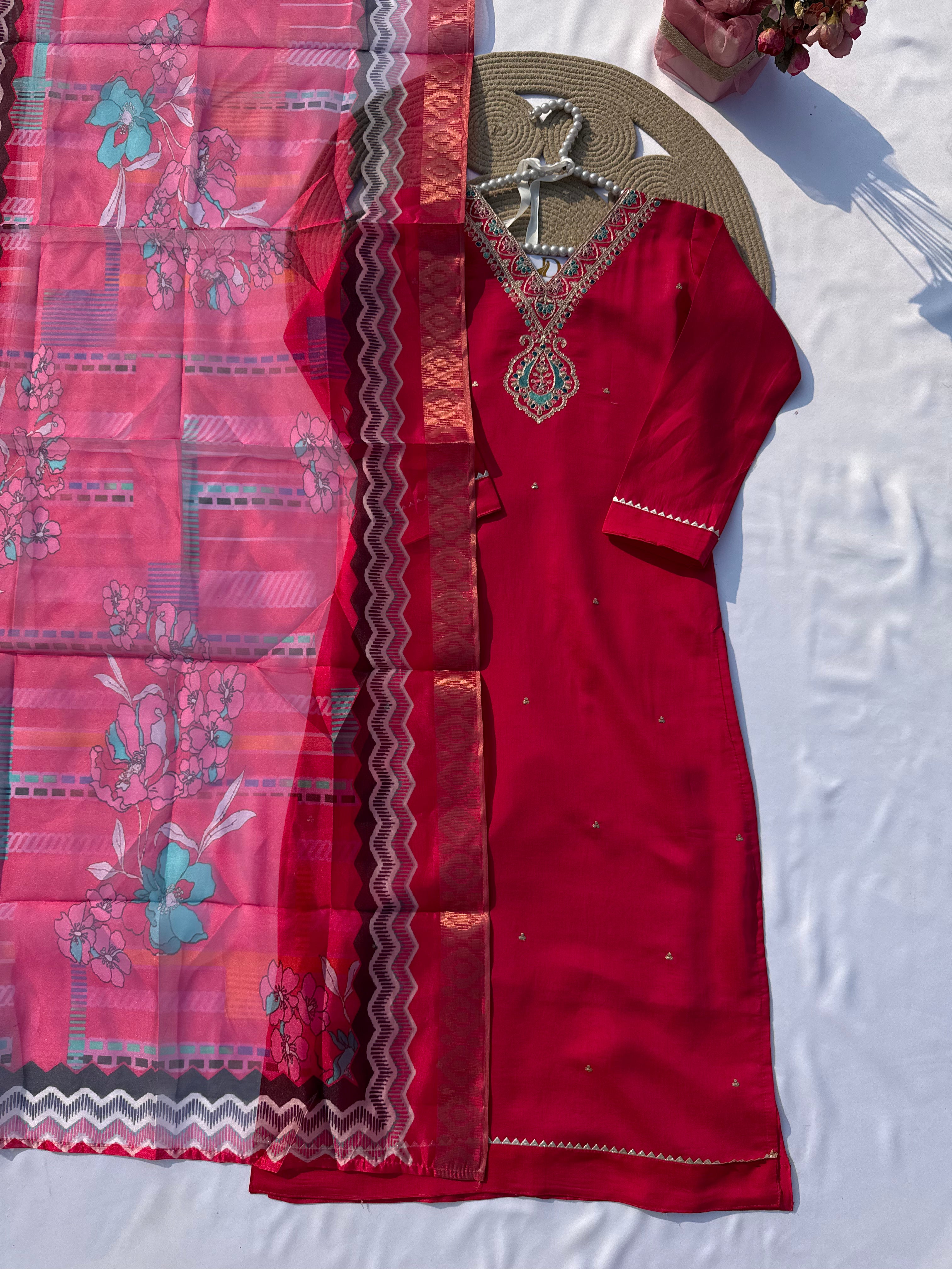 S-114 Roman Silk Suit Set with Embroidered Neck & Digital Dupatta