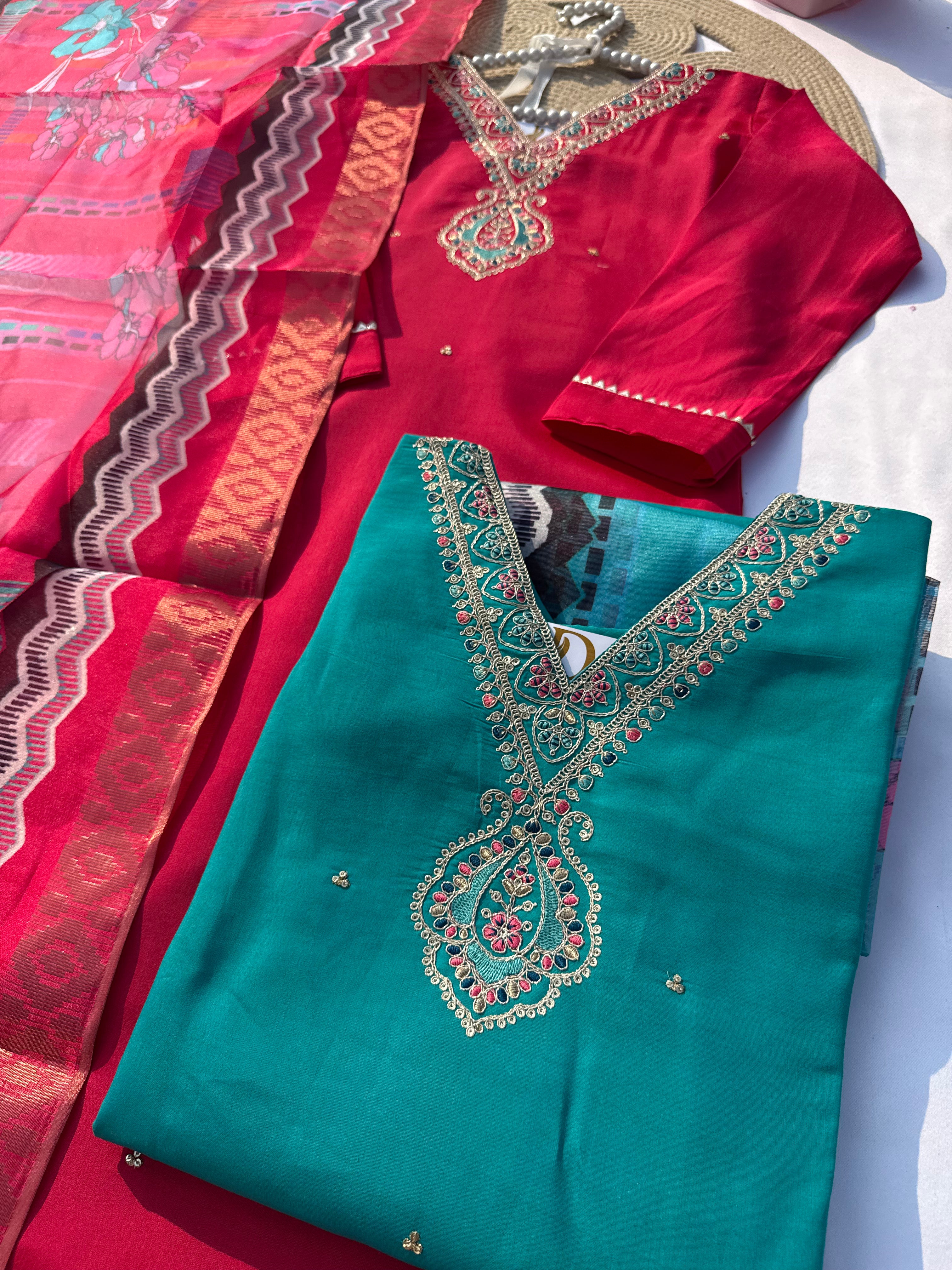 S-114 Roman Silk Suit Set with Embroidered Neck & Digital Dupatta
