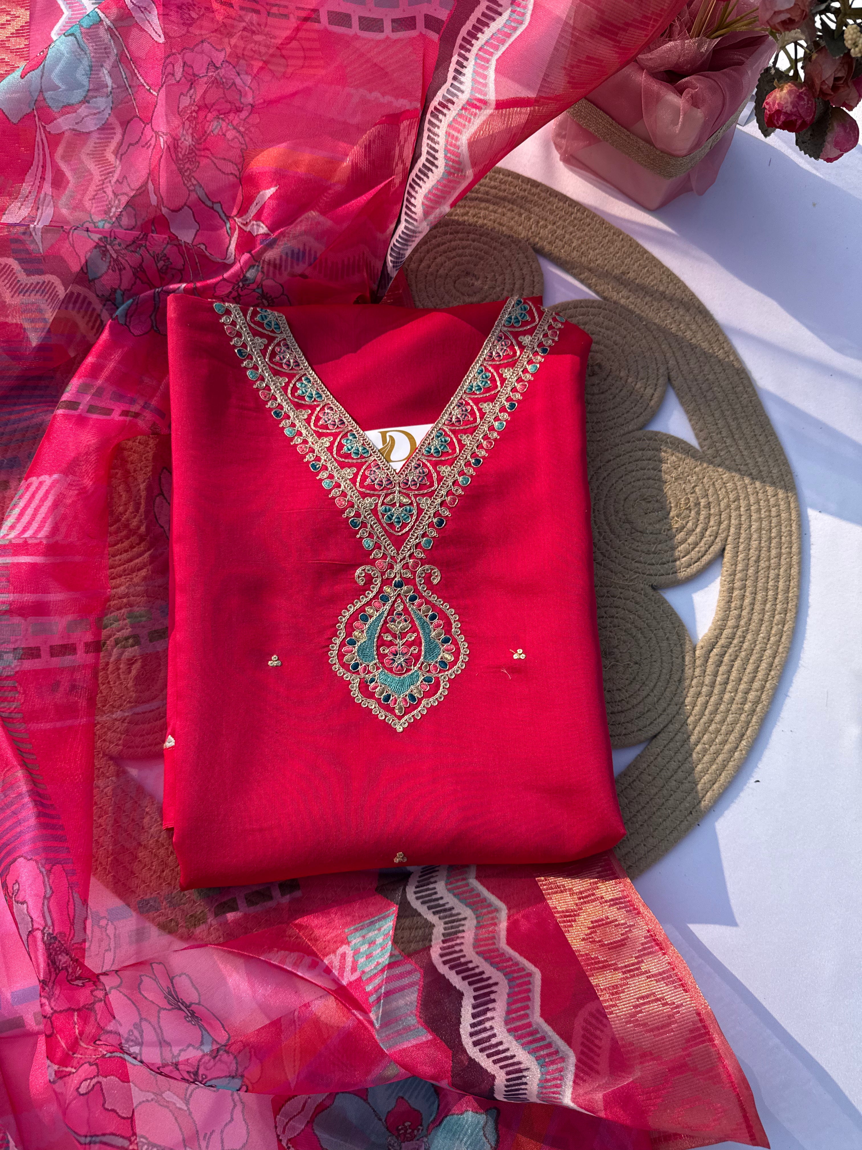 S-114 Roman Silk Suit Set with Embroidered Neck & Digital Dupatta