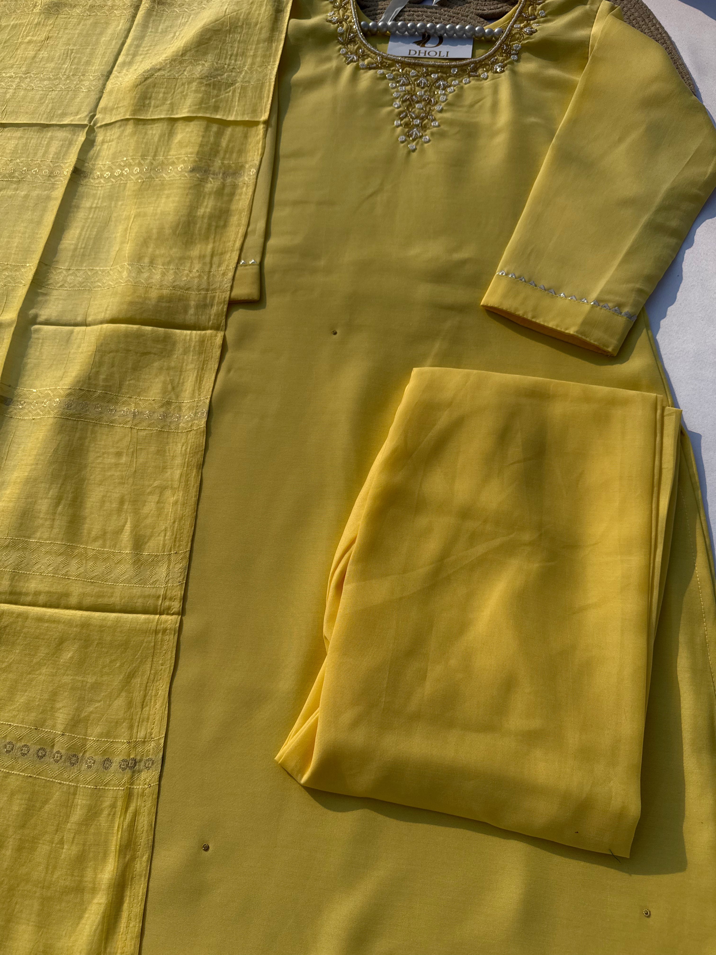 S-106 Roman Silk Straight Suit Set with Handworked Neck & Elegant Dupatta