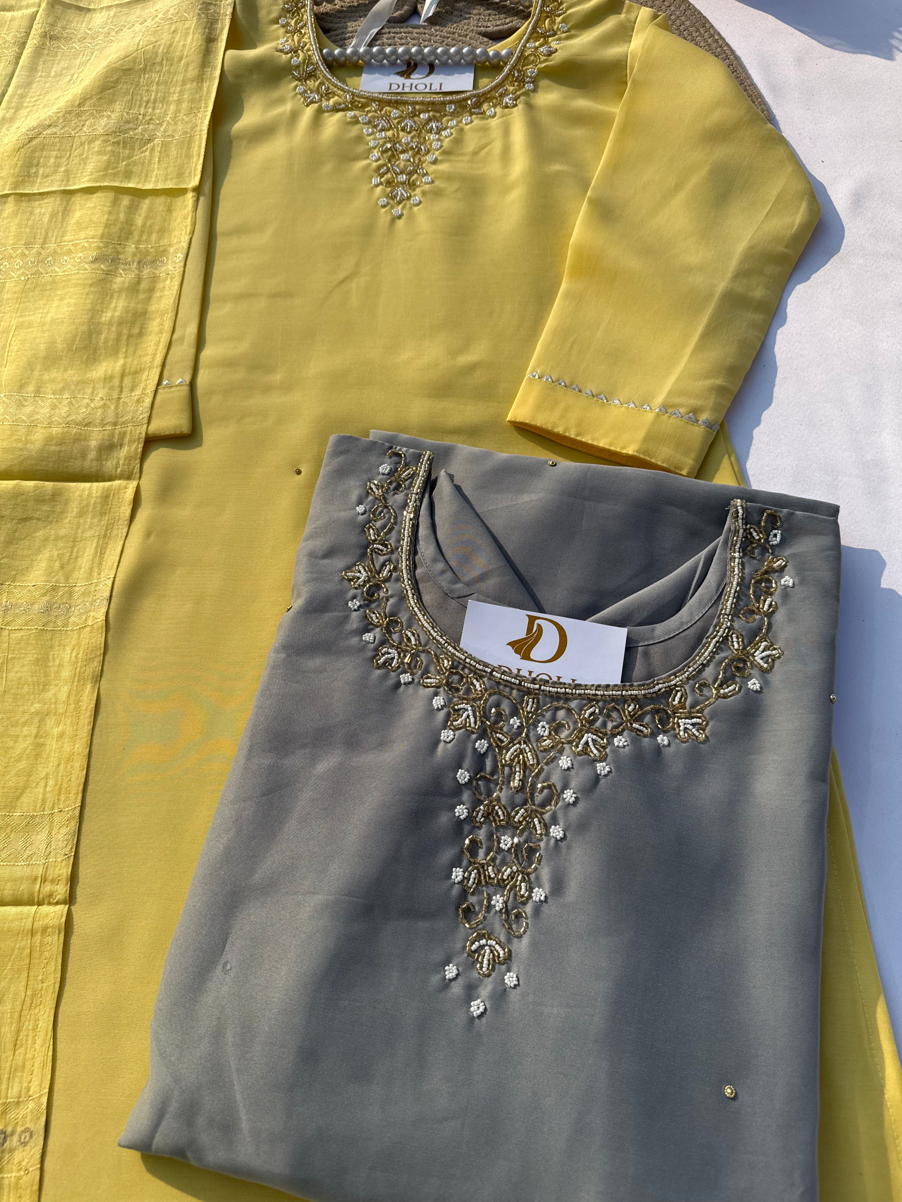 S-106 Roman Silk Straight Suit Set with Handworked Neck & Elegant Dupatta