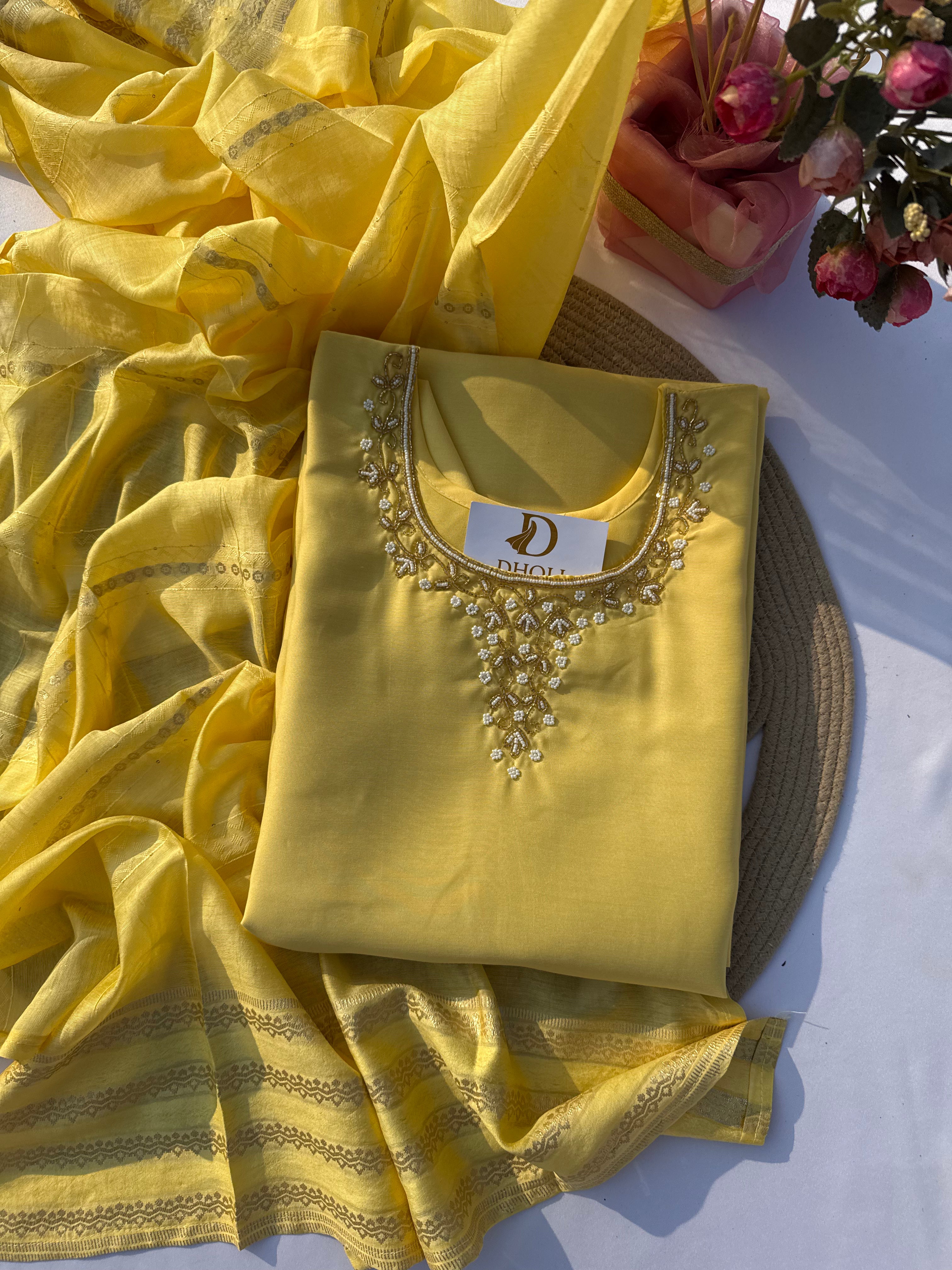 S-106 Roman Silk Straight Suit Set with Handworked Neck & Elegant Dupatta