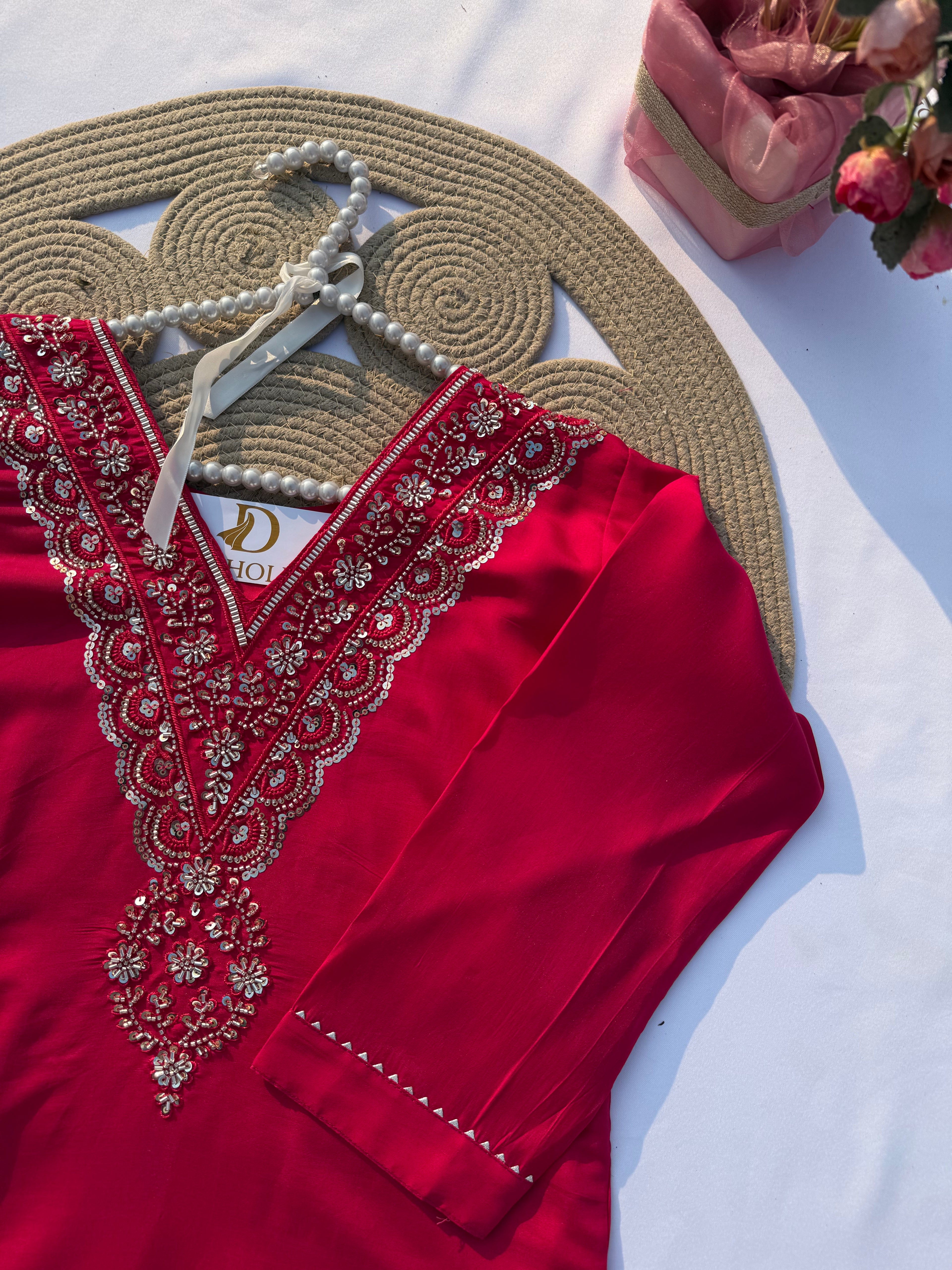 S-108 Roman Silk Handworked Straight Suit Set with Dupatta