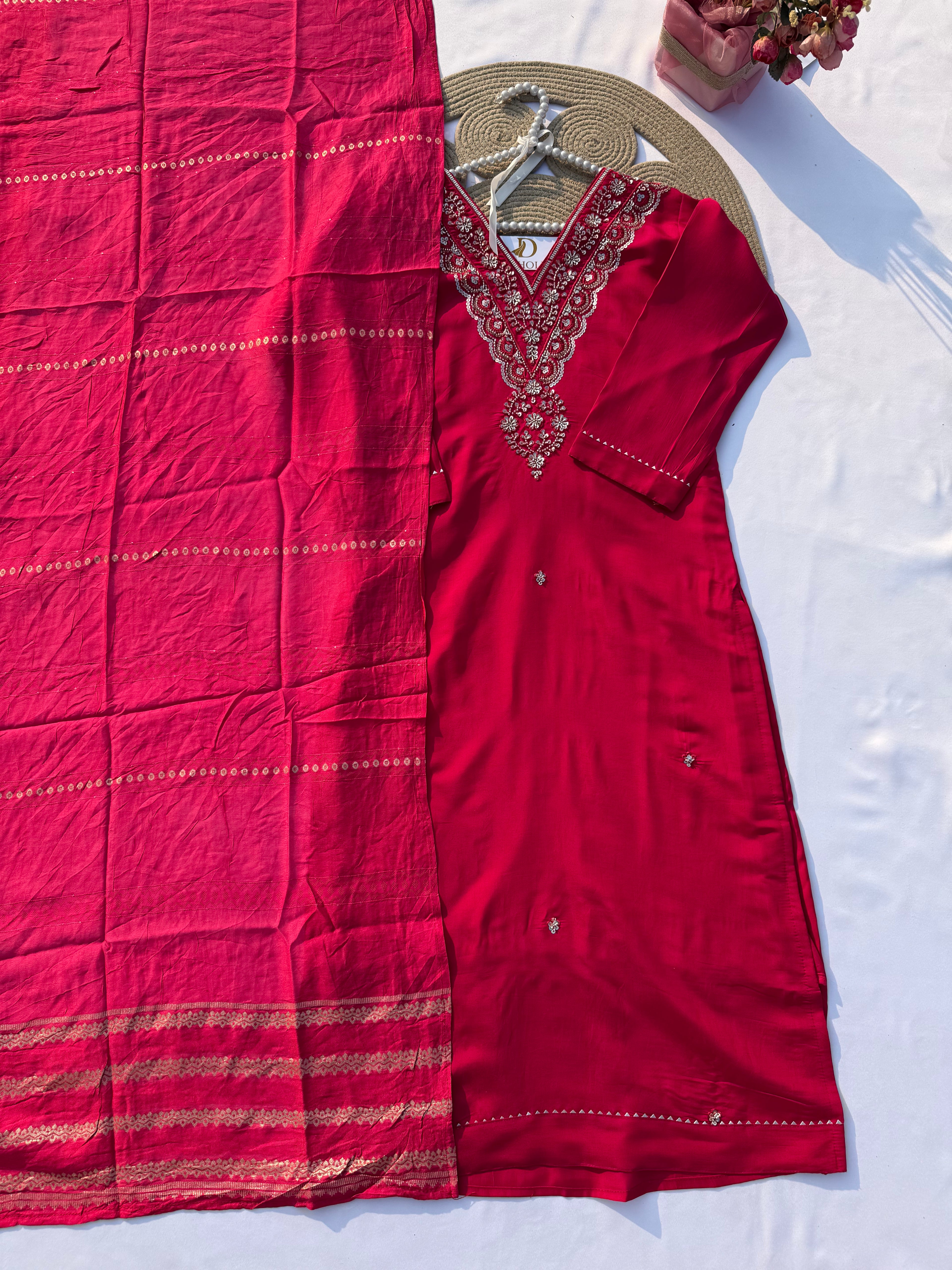 S-108 Roman Silk Handworked Straight Suit Set with Dupatta