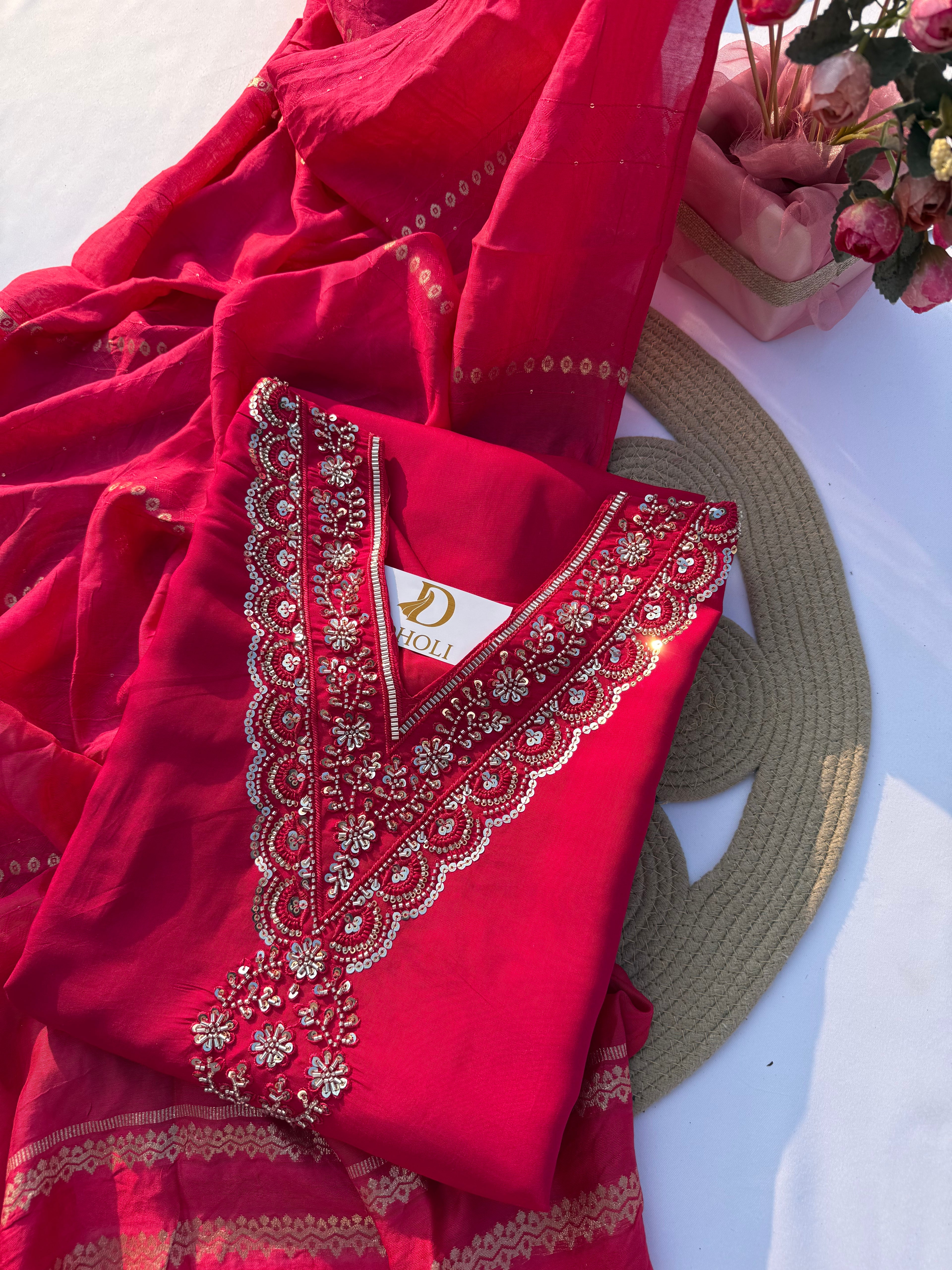 S-108 Roman Silk Handworked Straight Suit Set with Dupatta