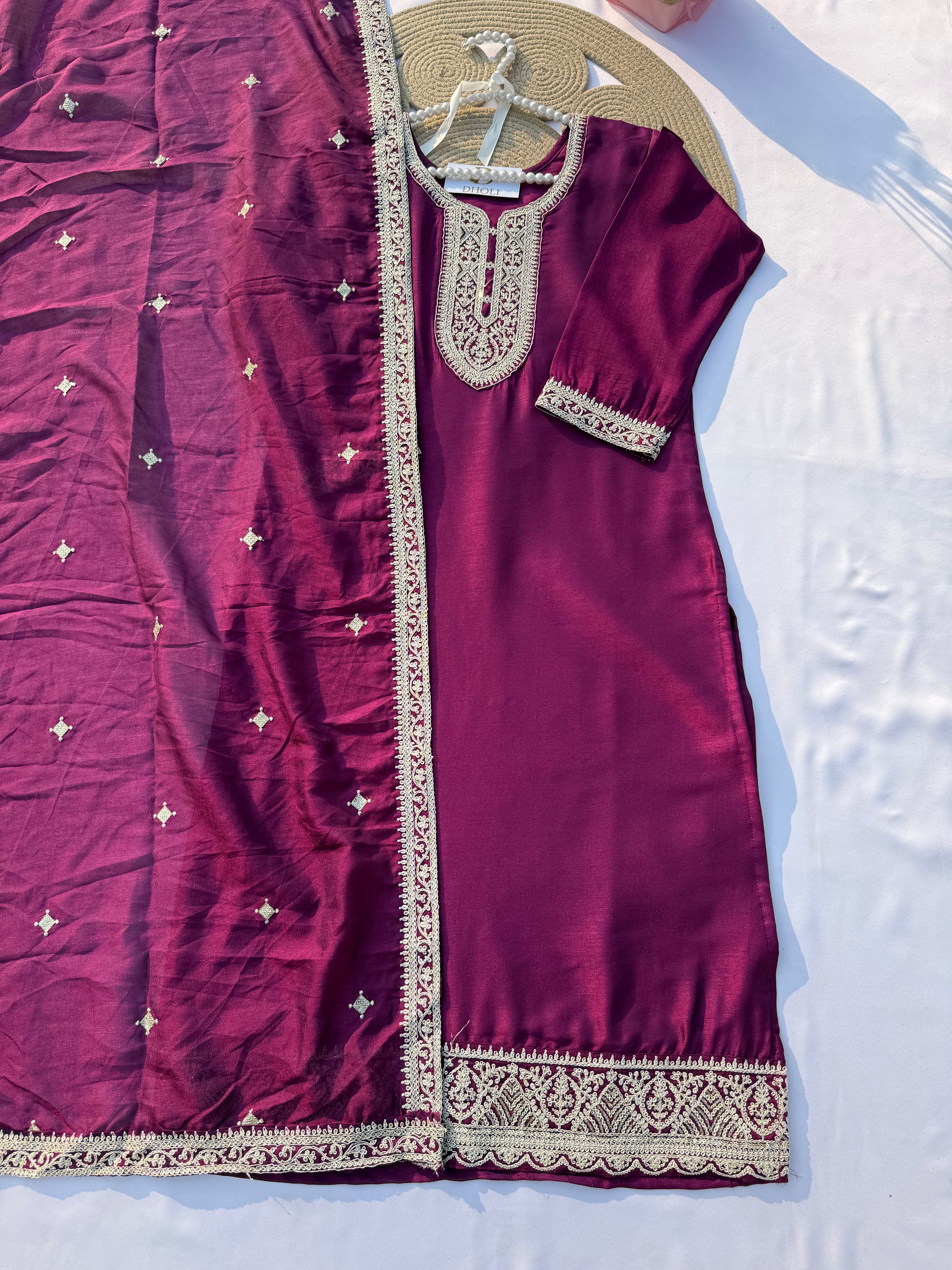 S-109 Vichitra Silk Embroidered Suit Set with Dupatta