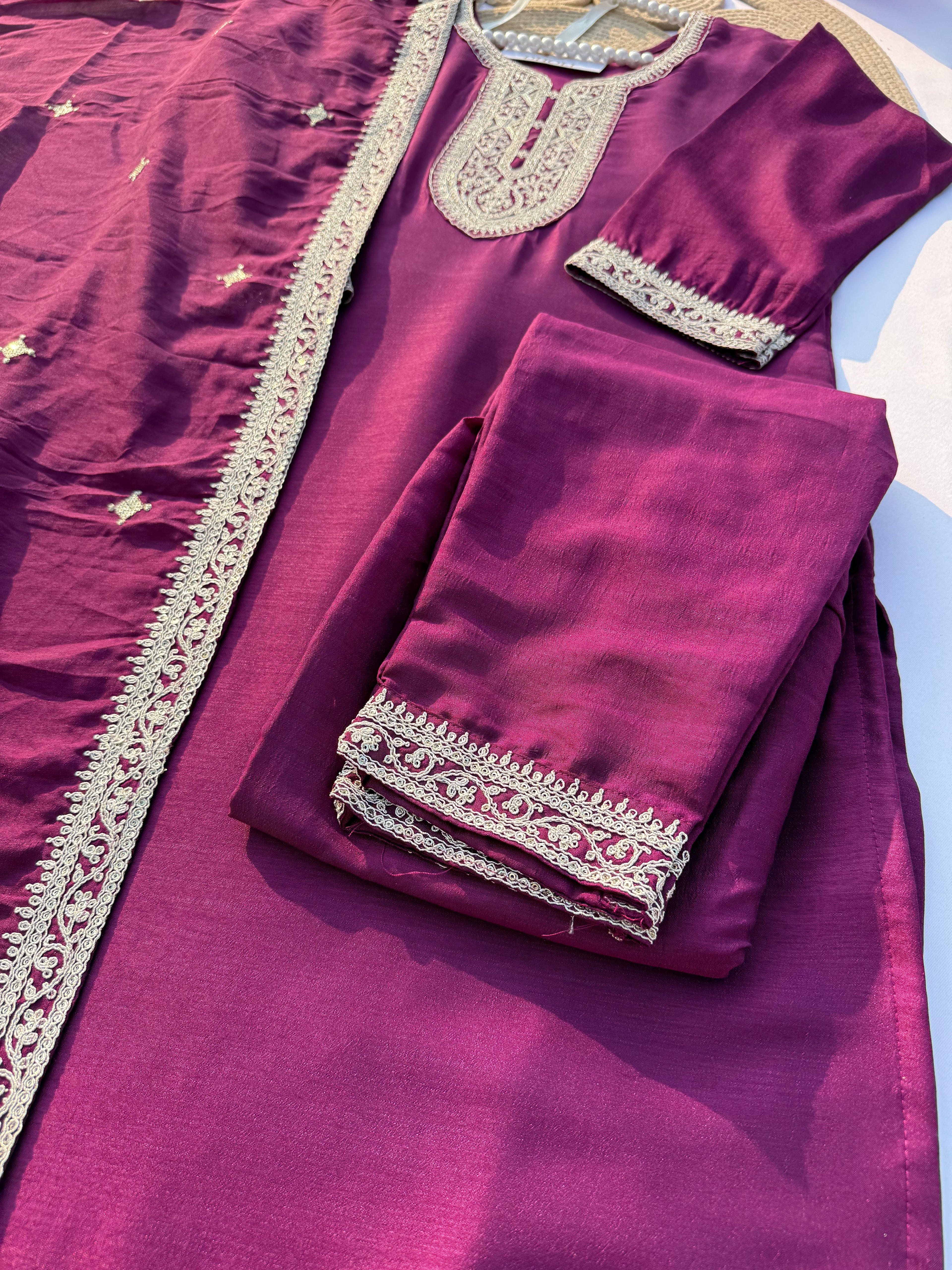 S-109 Vichitra Silk Embroidered Suit Set with Dupatta