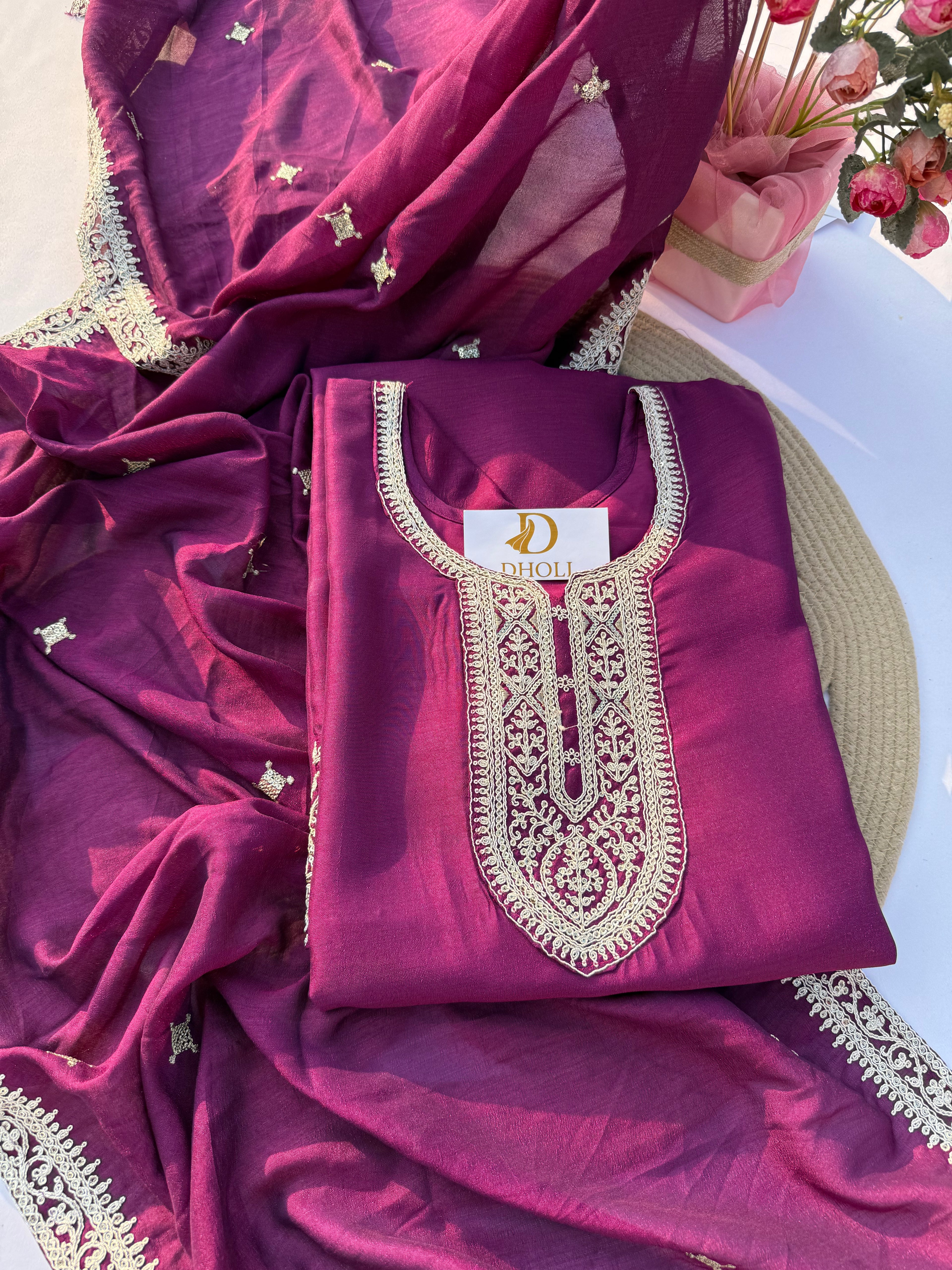 S-109 Vichitra Silk Embroidered Suit Set with Dupatta