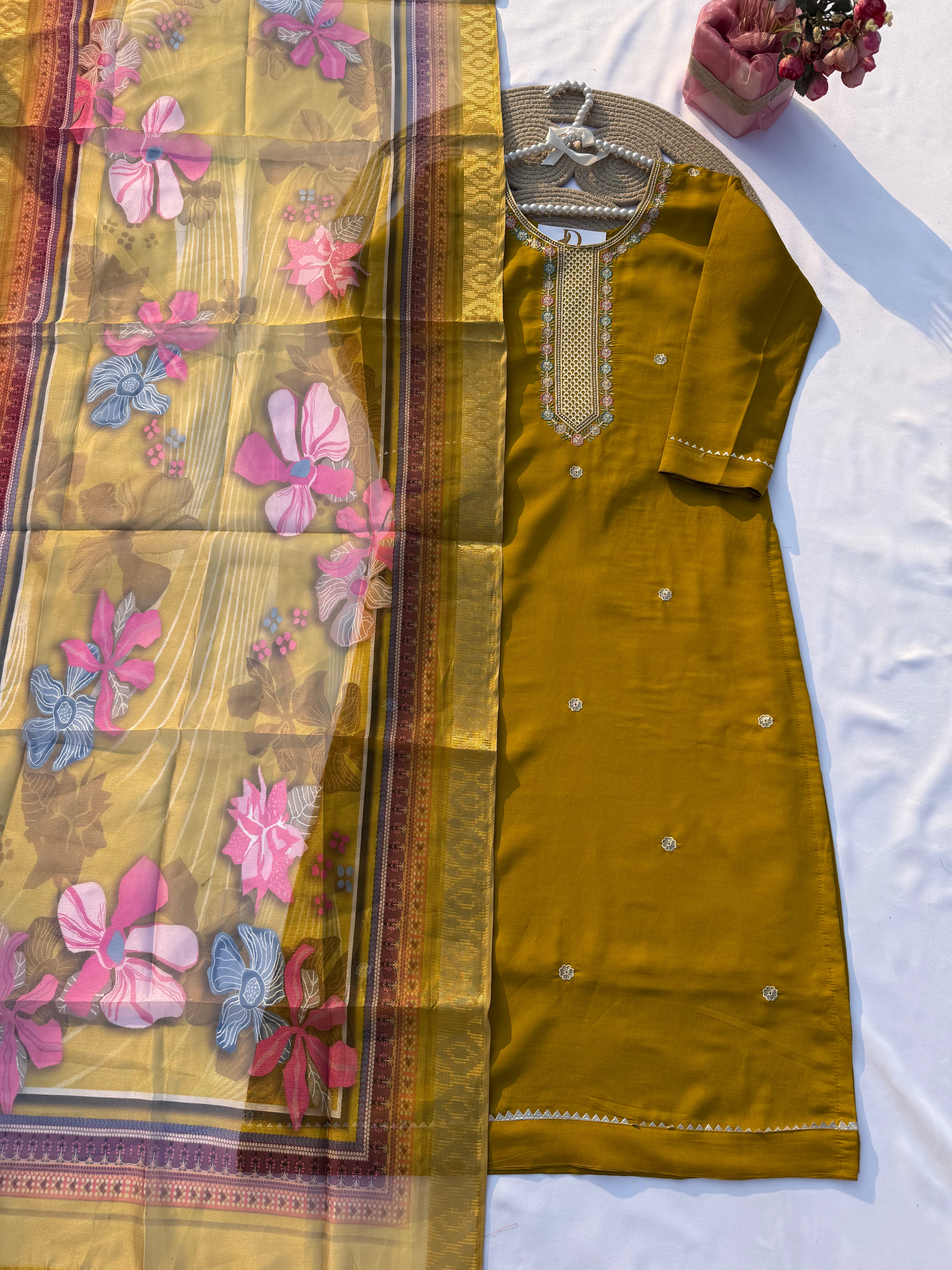 S-116 Roman Silk Embroidered Suit Set with Digital Floral Dupatta