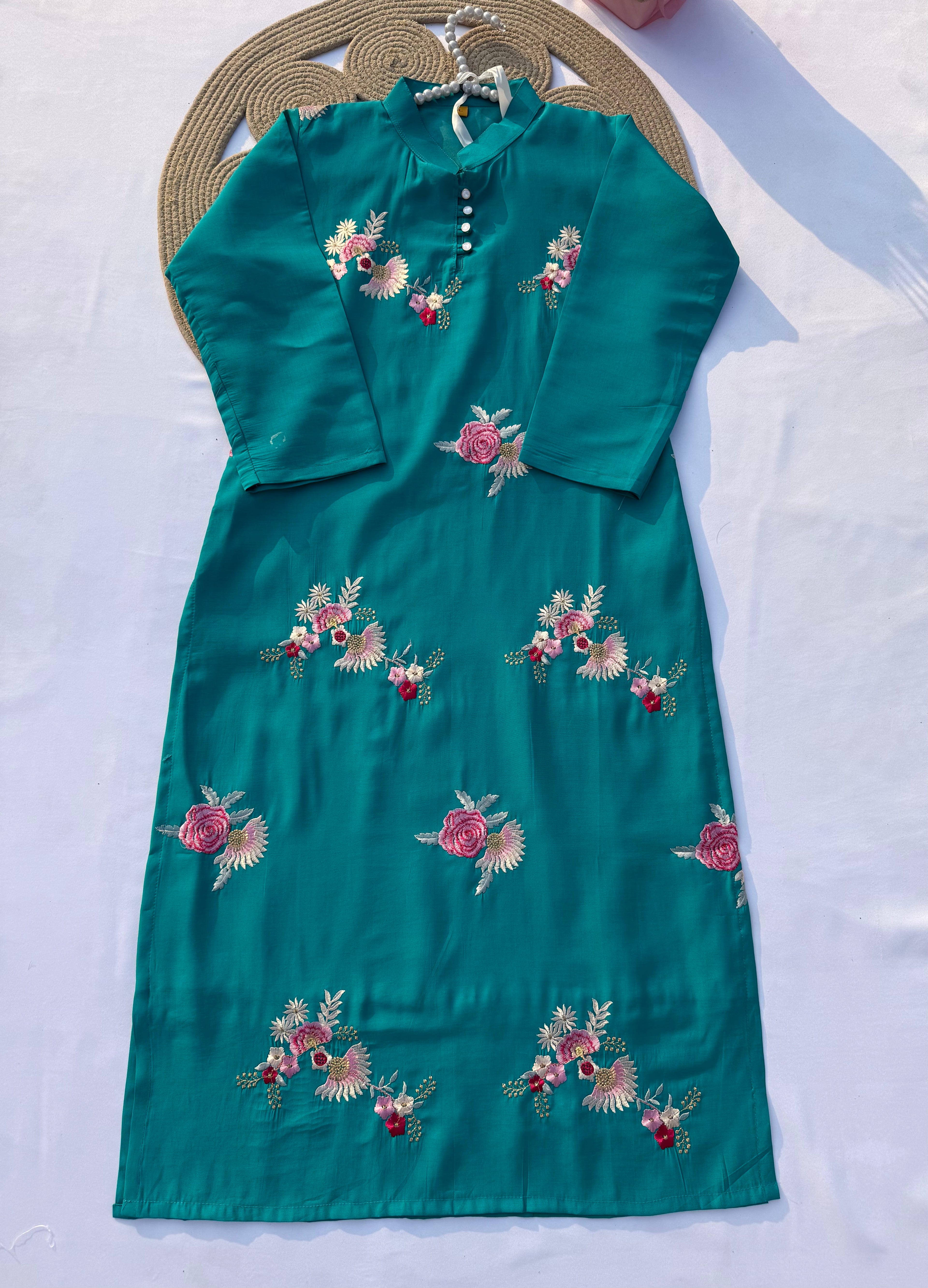 S118 Korean-Inspired Roman Silk Embroidered Kurti Set