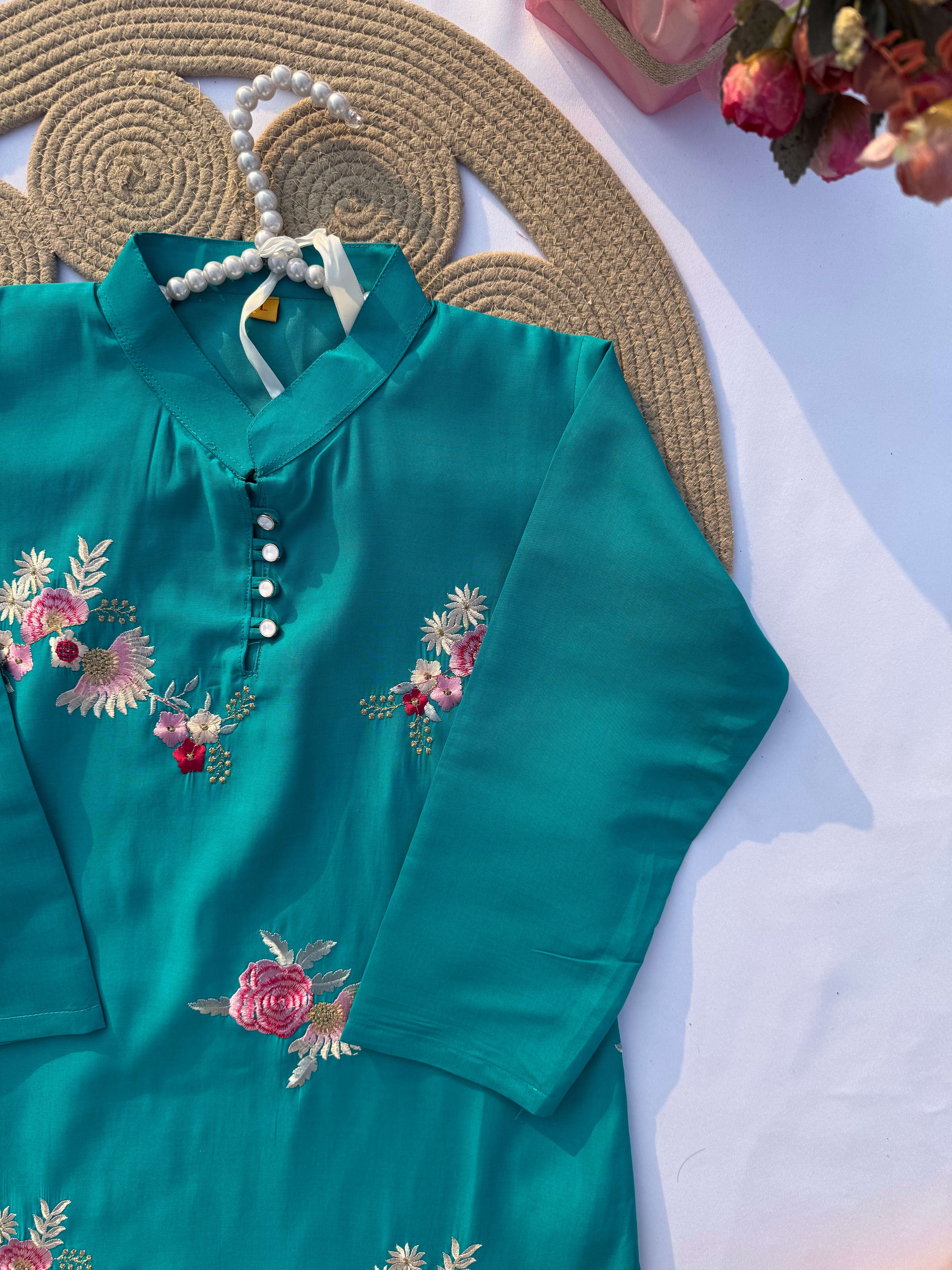 S118 Korean-Inspired Roman Silk Embroidered Kurti Set