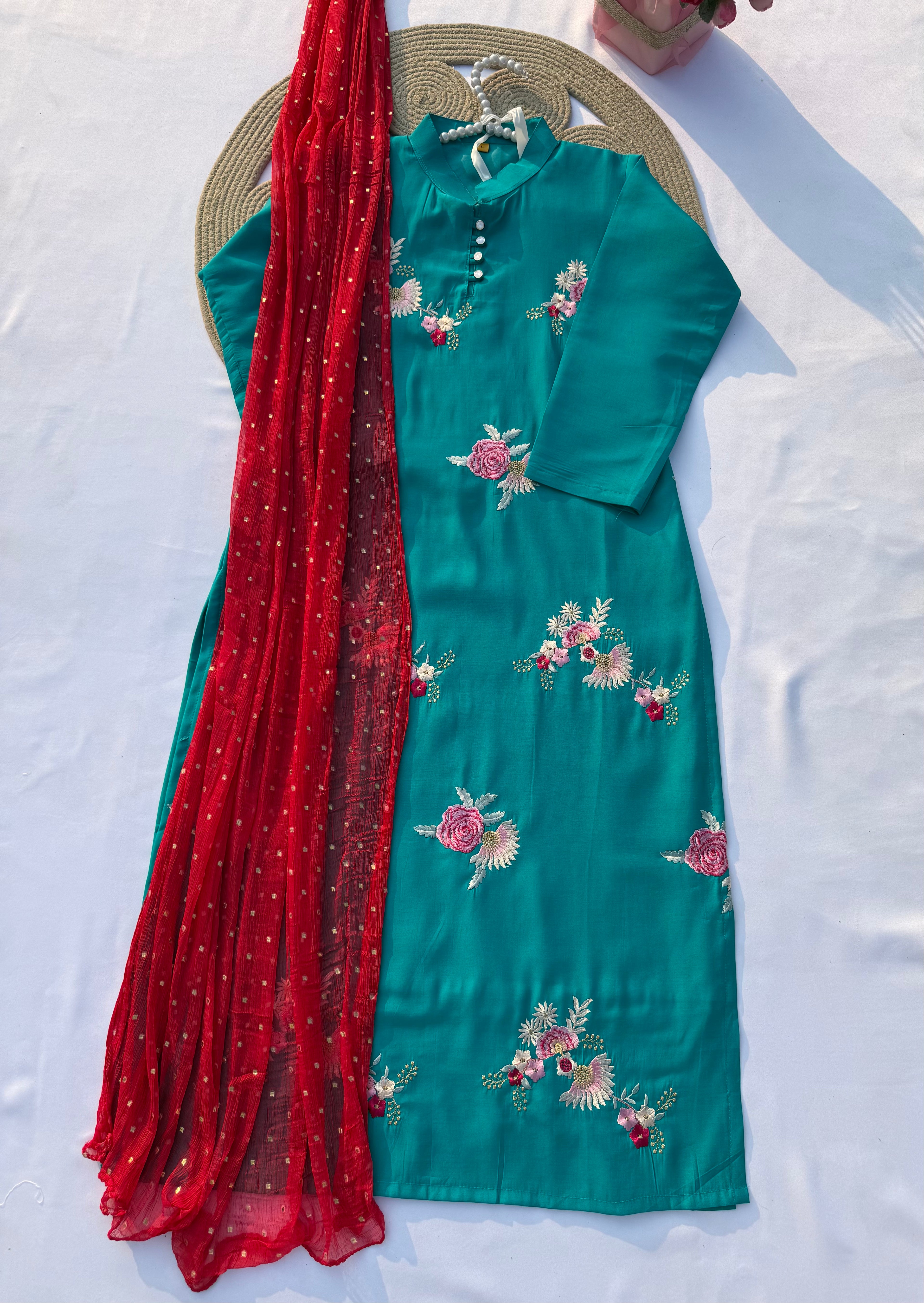 S118 Korean-Inspired Roman Silk Embroidered Kurti Set