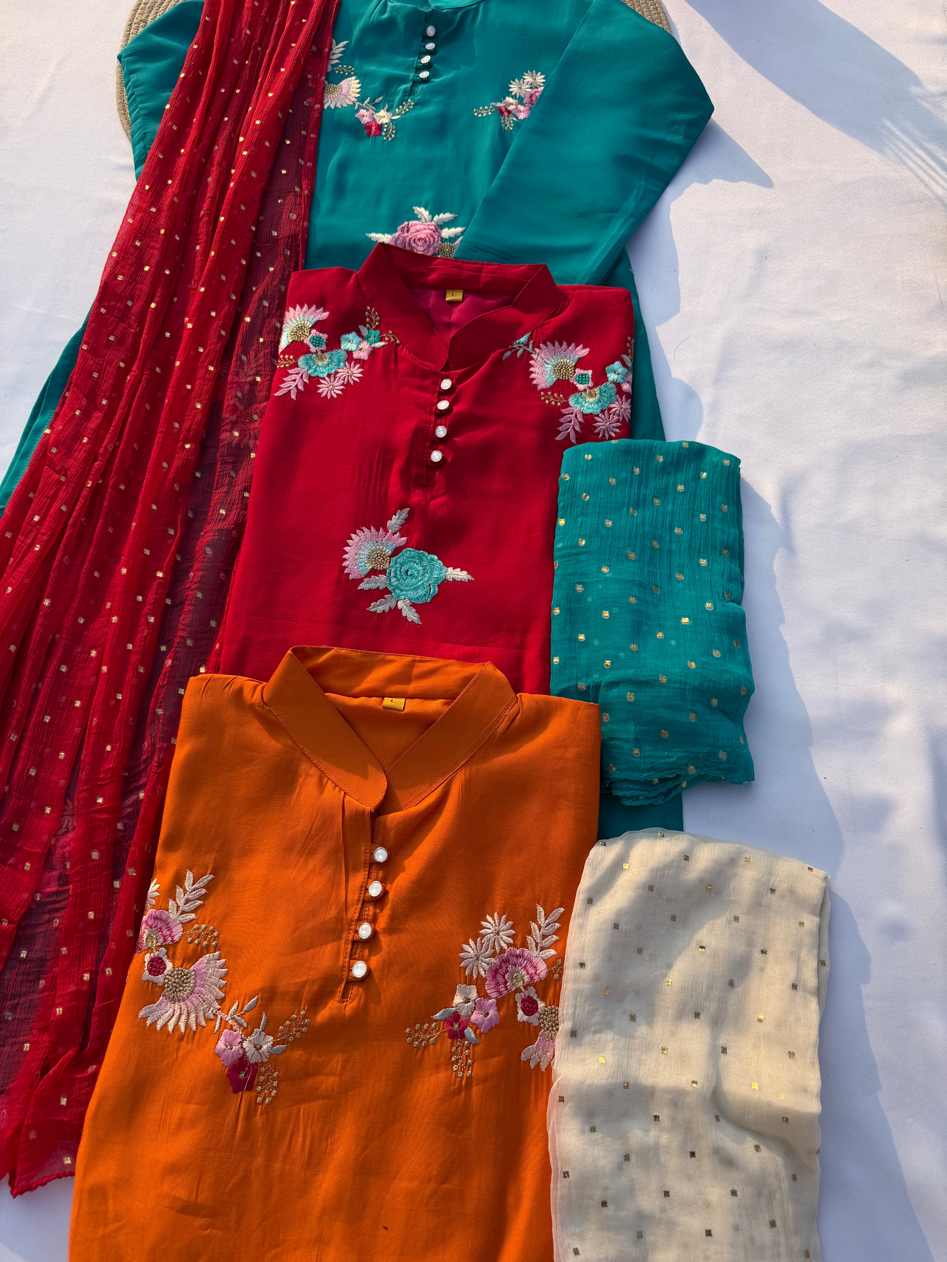 S118 Korean-Inspired Roman Silk Embroidered Kurti Set