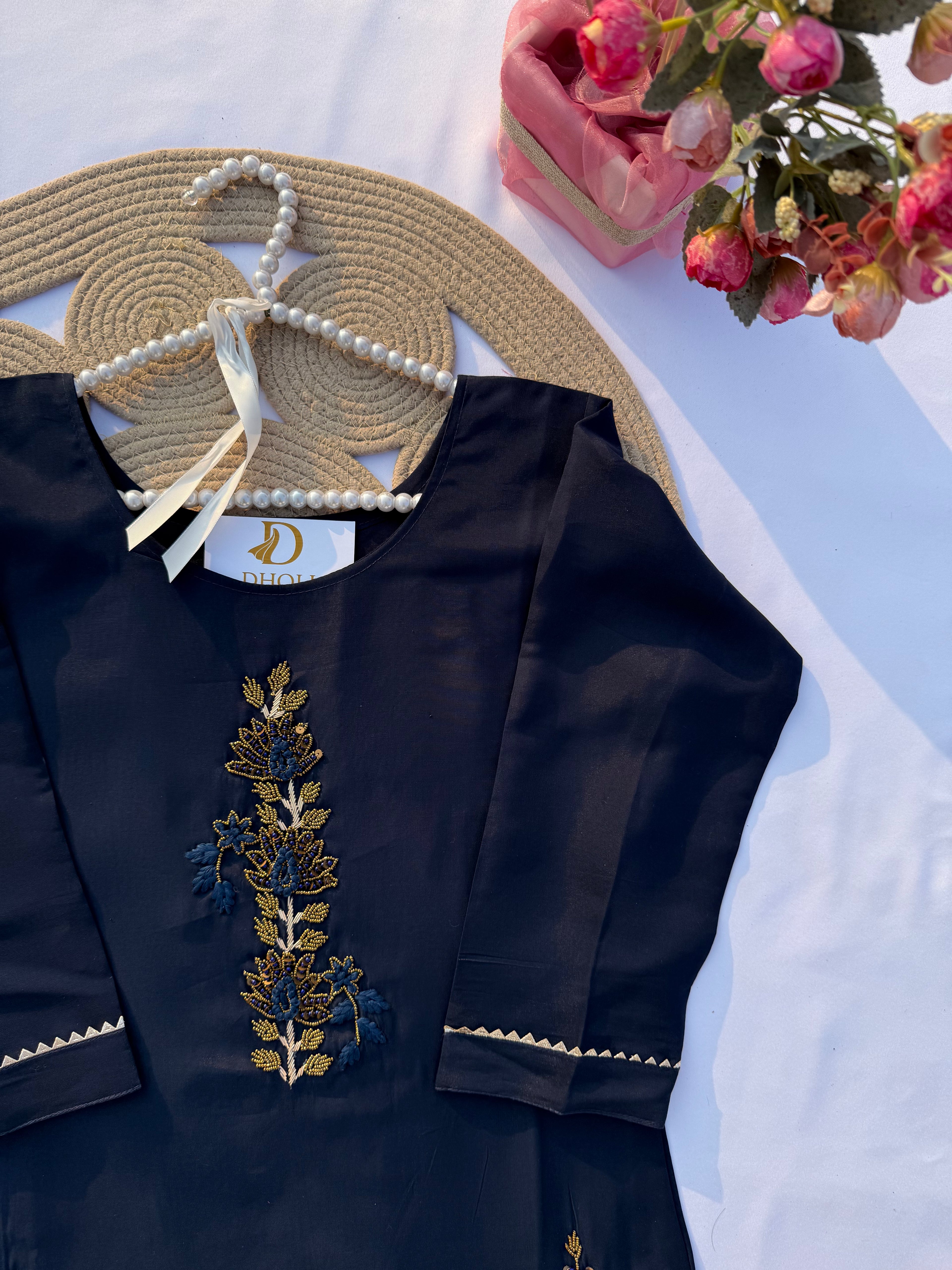 S-119 Roman Silk Kurti Set with Hand Embroidery & Full Jacquard Dupatta