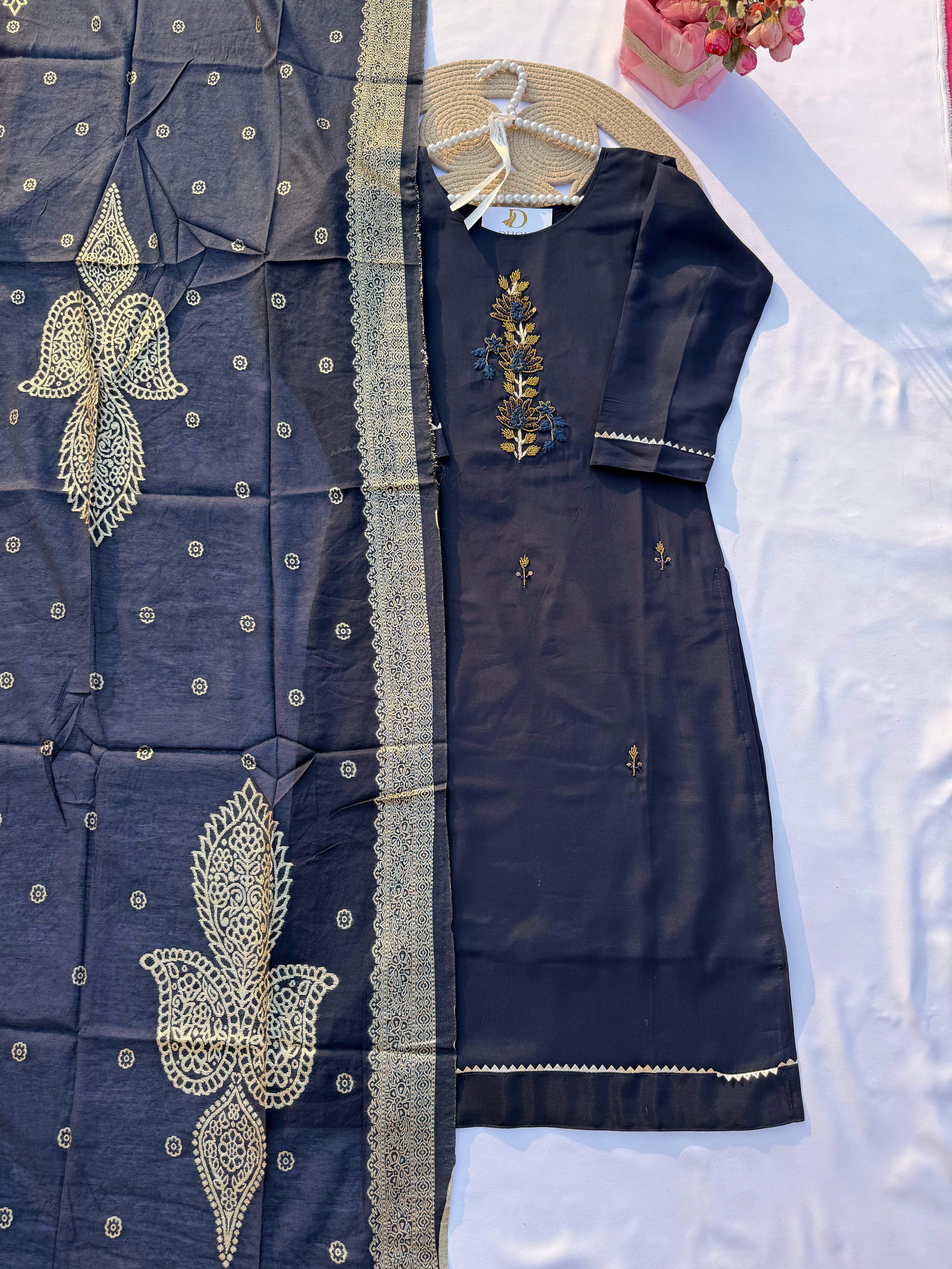 S-119 Roman Silk Kurti Set with Hand Embroidery & Full Jacquard Dupatta