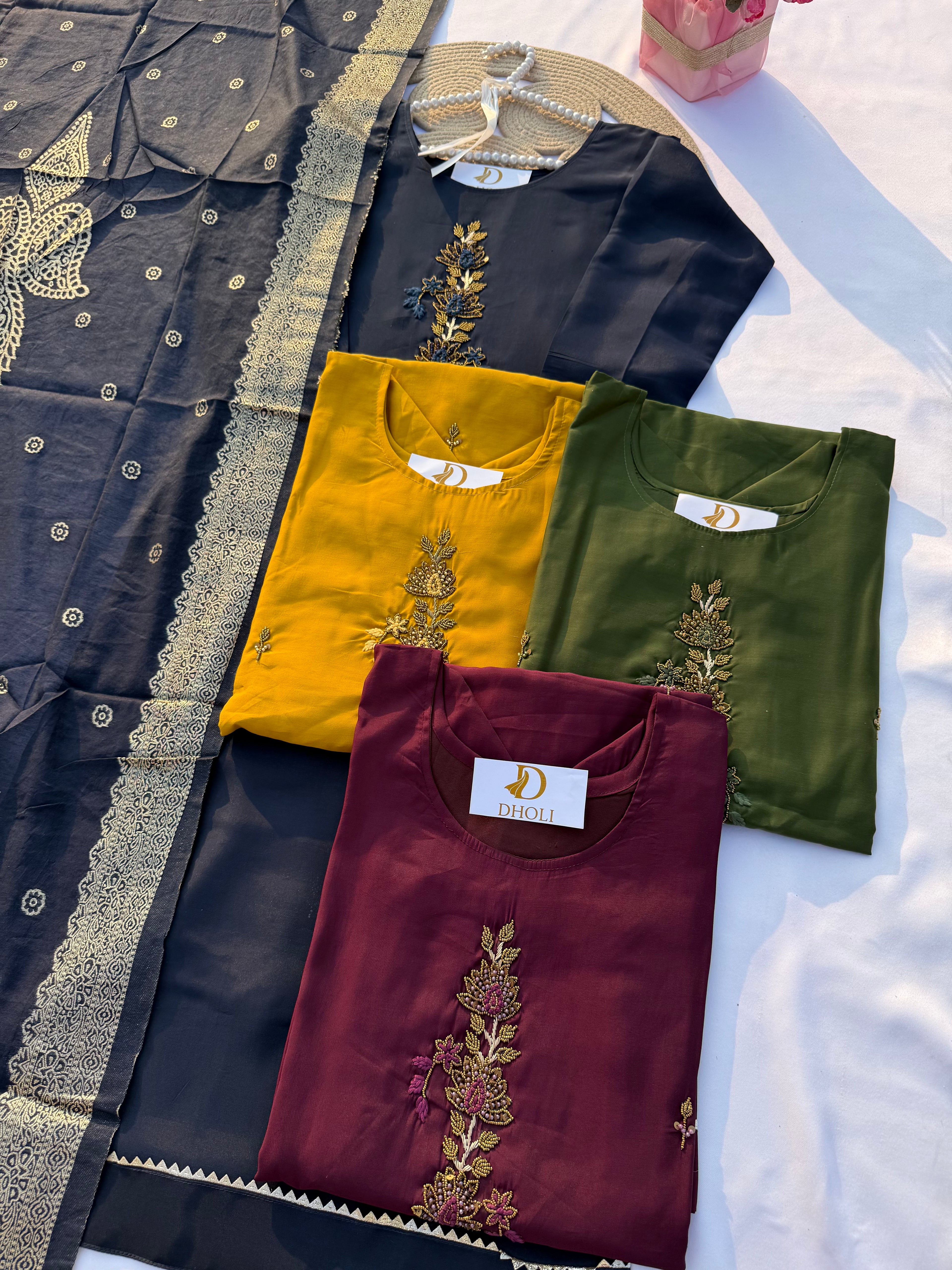 S-119 Roman Silk Kurti Set with Hand Embroidery & Full Jacquard Dupatta