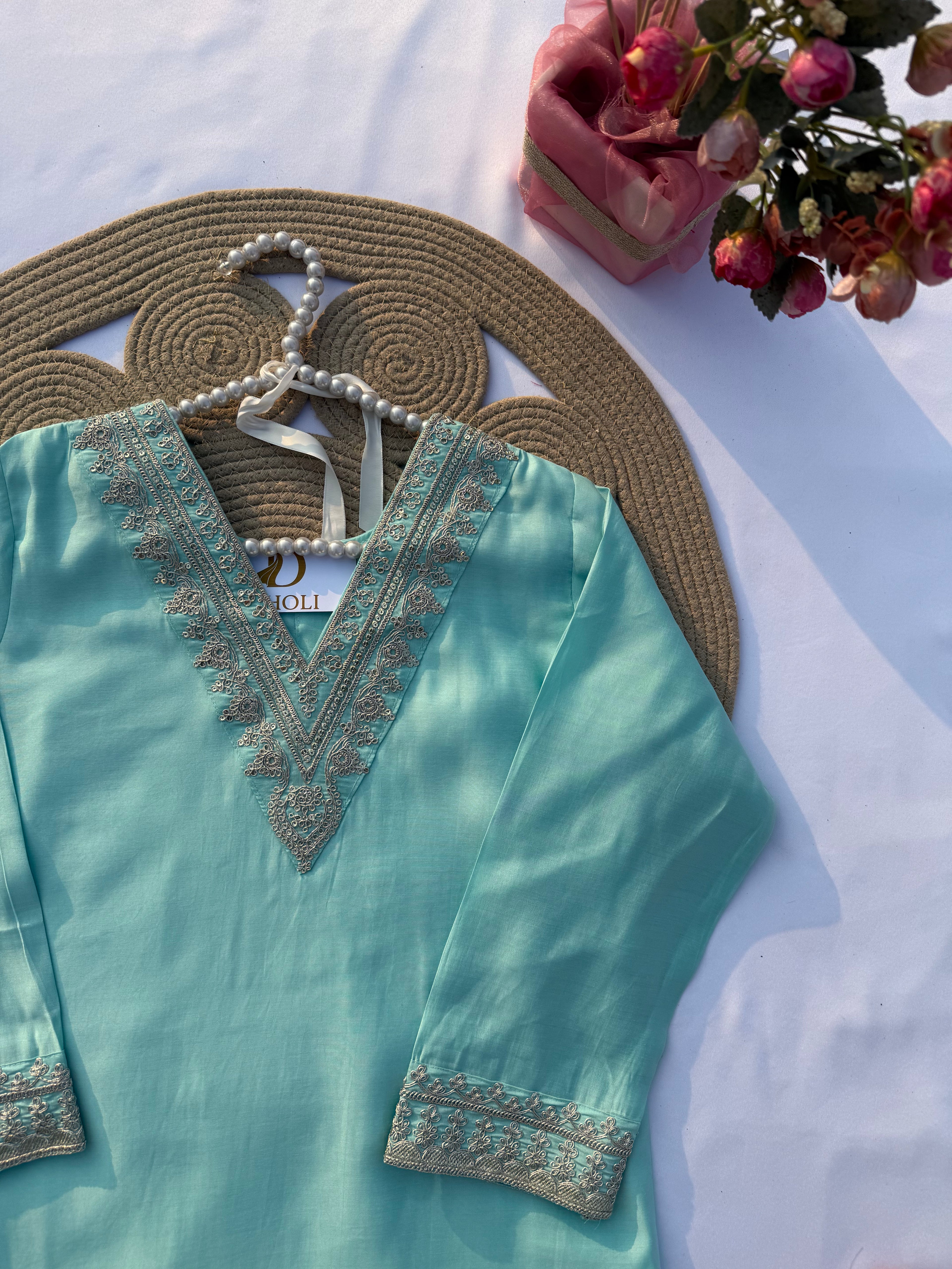 S-120 Roman Silk Kurti Set with Hand Embroidery & Full Jacquard Dupatta