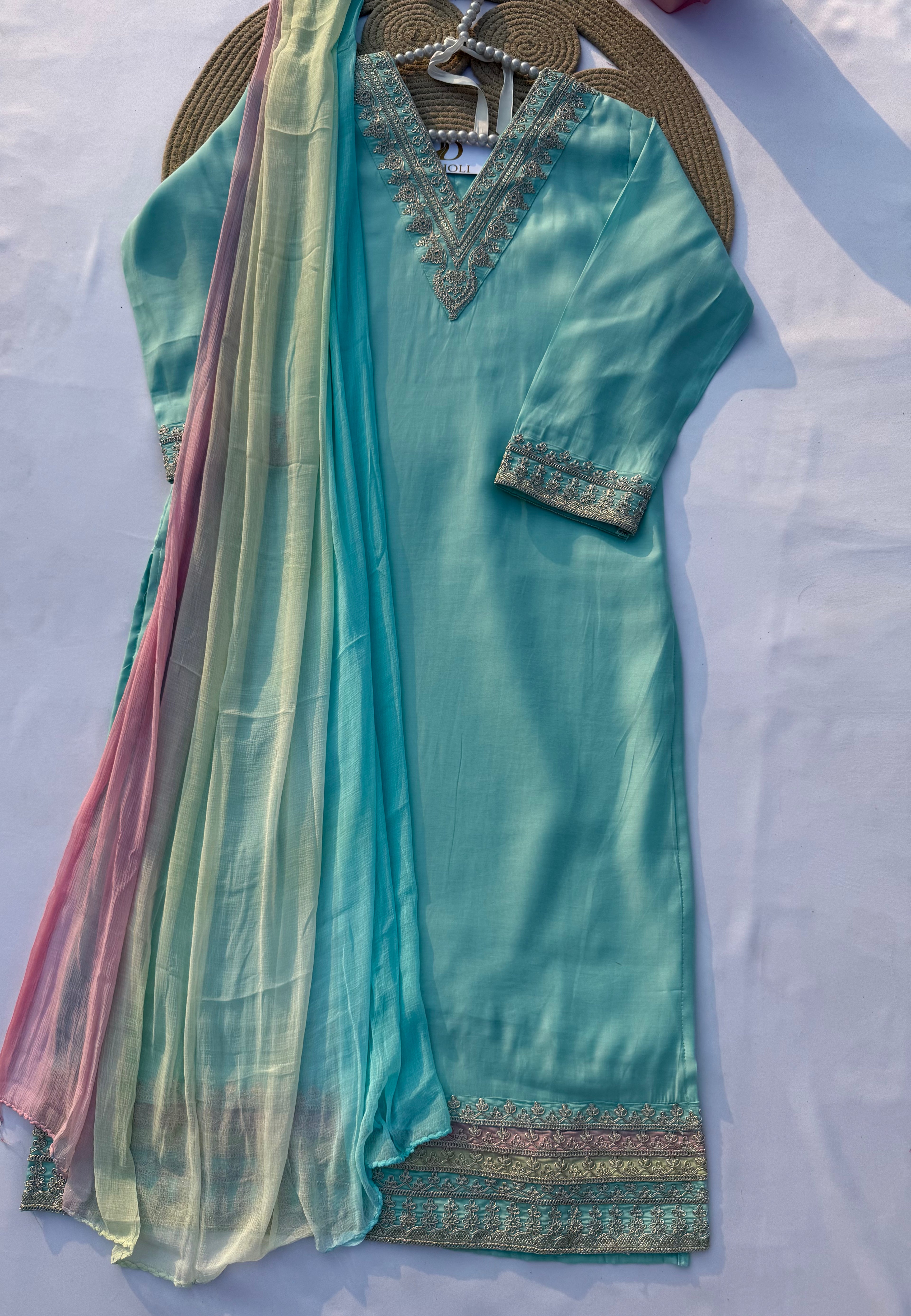 S-120 Roman Silk Kurti Set with Hand Embroidery & Full Jacquard Dupatta