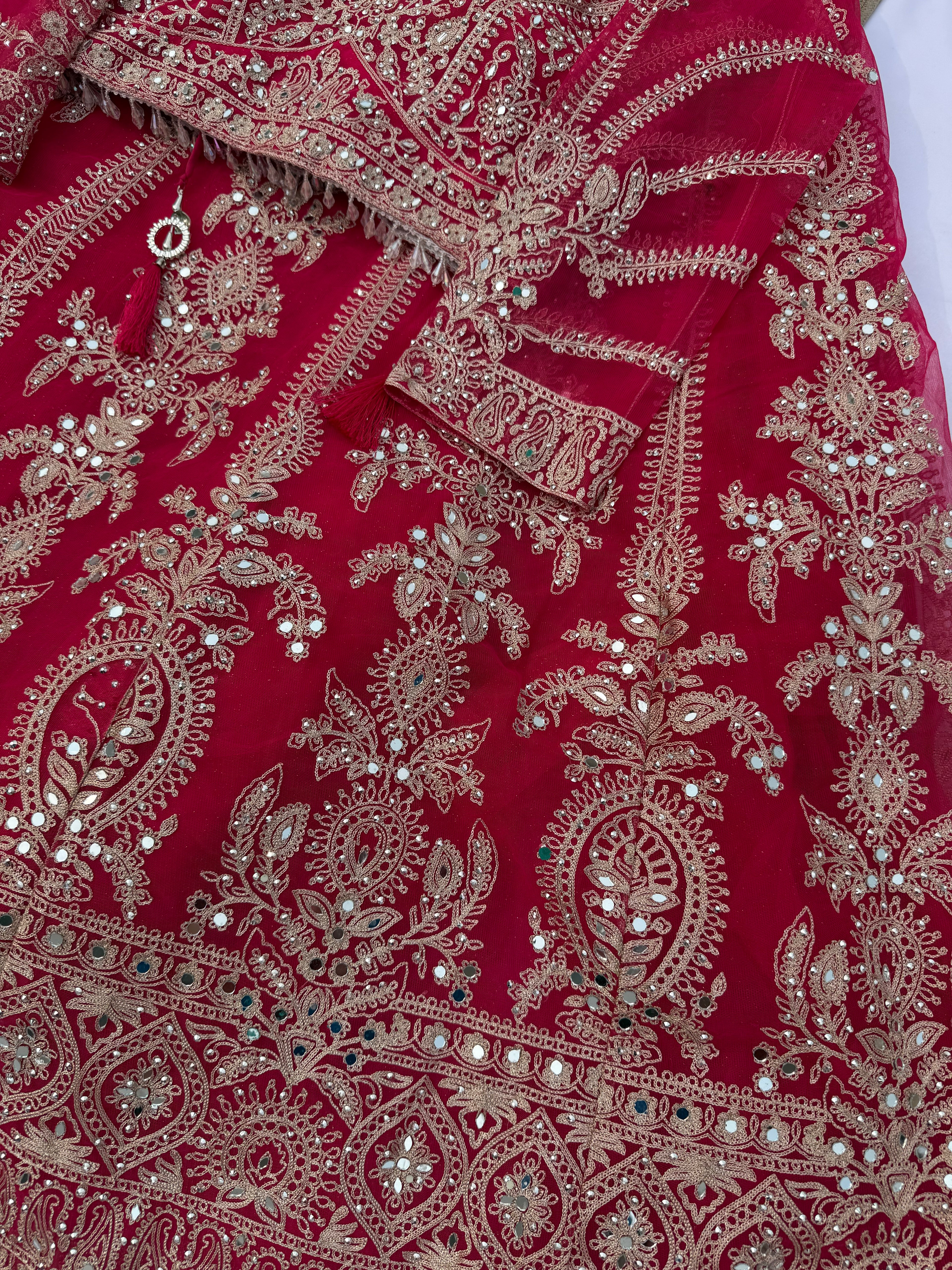 L108 Luxury Net Lehenga with Full Zari Embroidery & Plain Dupatta