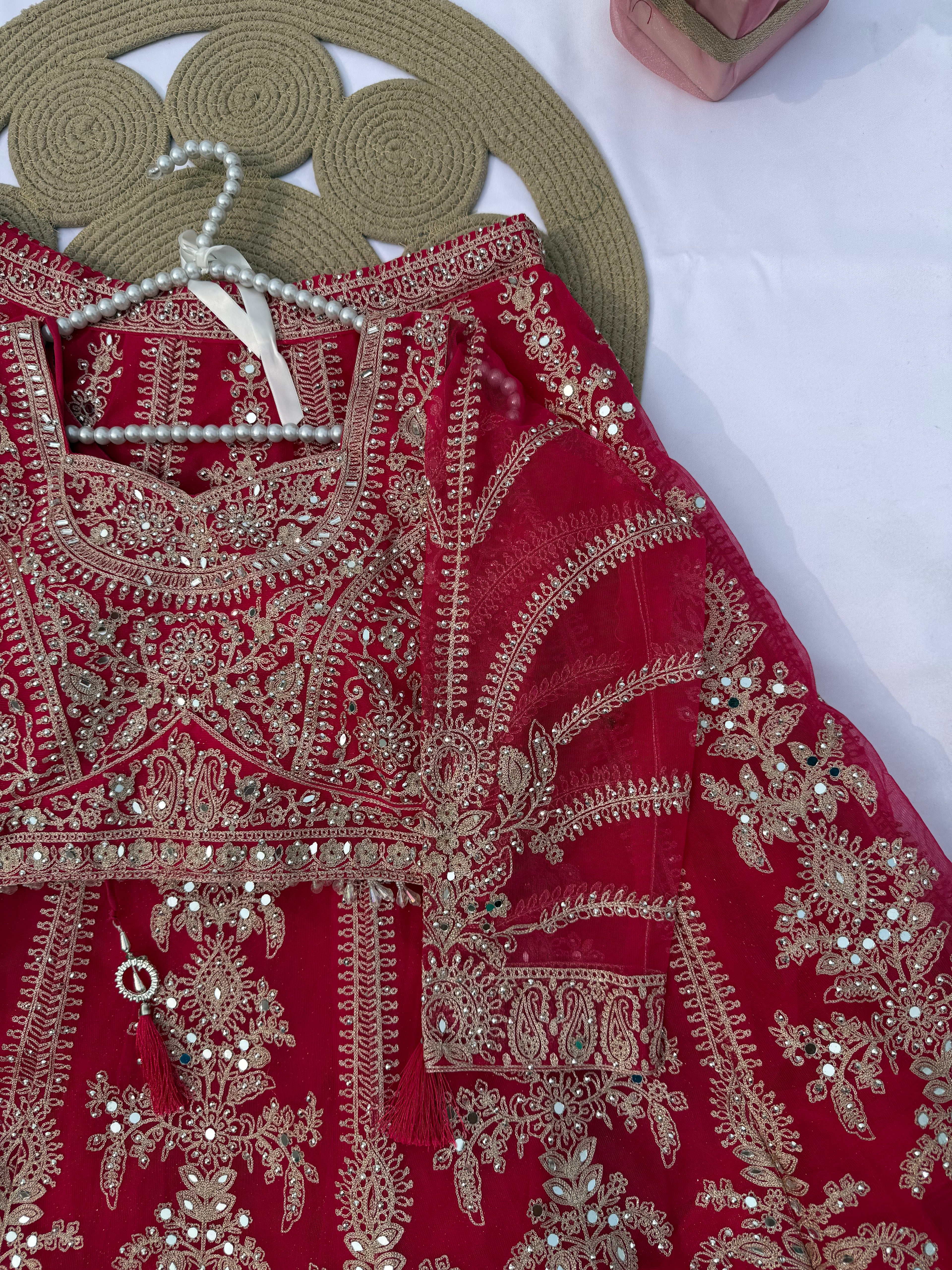 L108 Luxury Net Lehenga with Full Zari Embroidery & Plain Dupatta