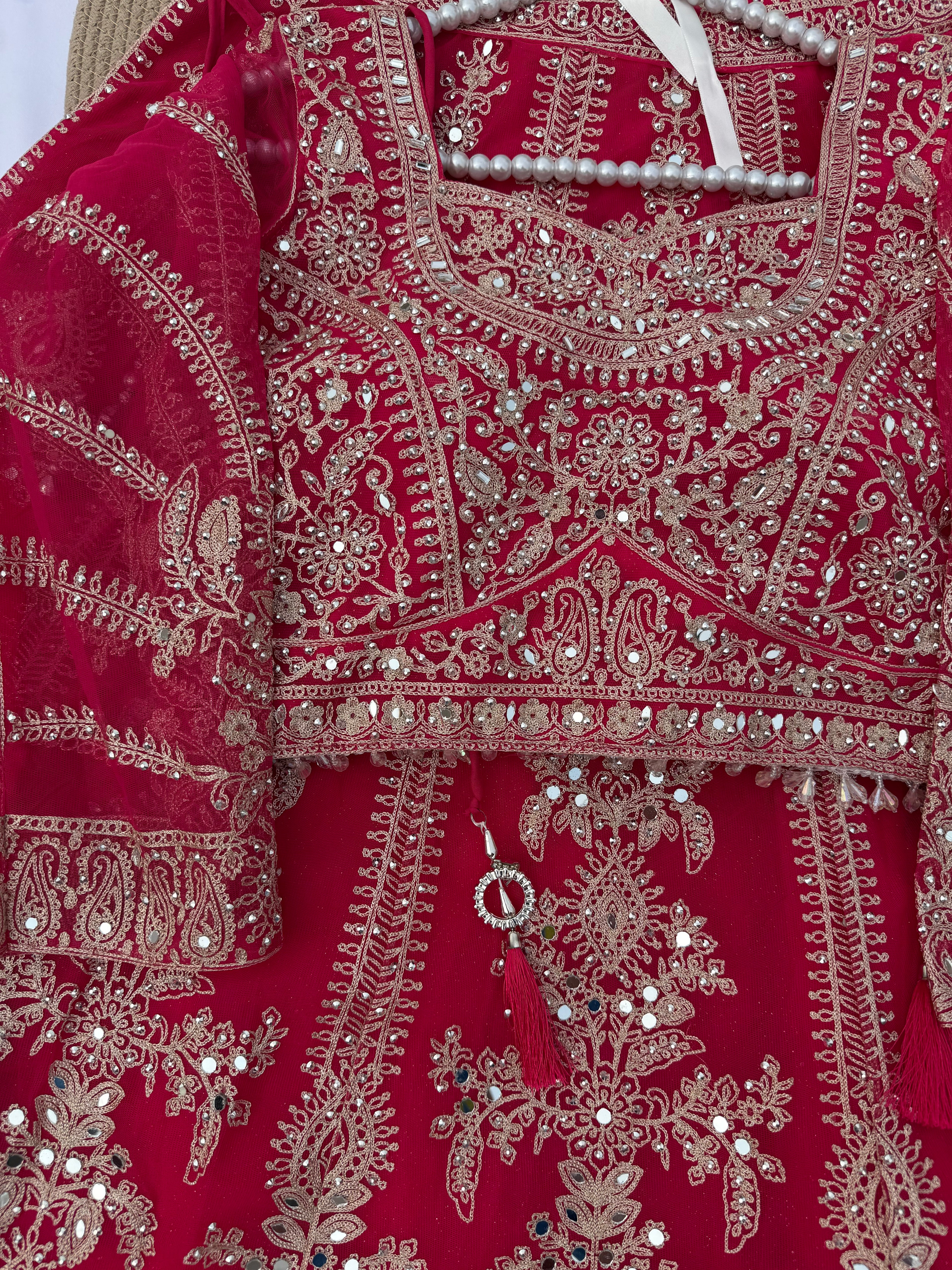 L108 Luxury Net Lehenga with Full Zari Embroidery & Plain Dupatta