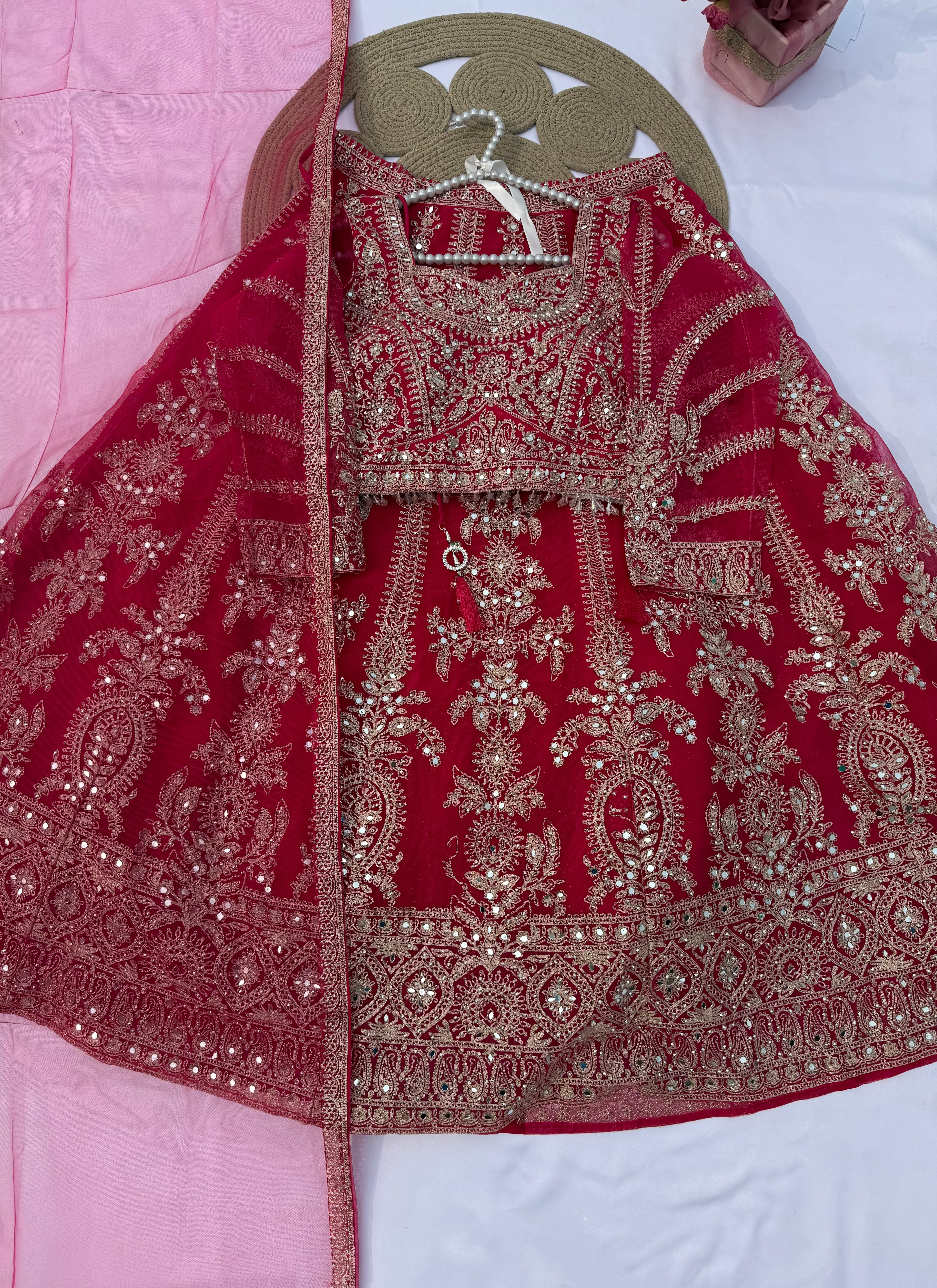 L108 Luxury Net Lehenga with Full Zari Embroidery & Plain Dupatta