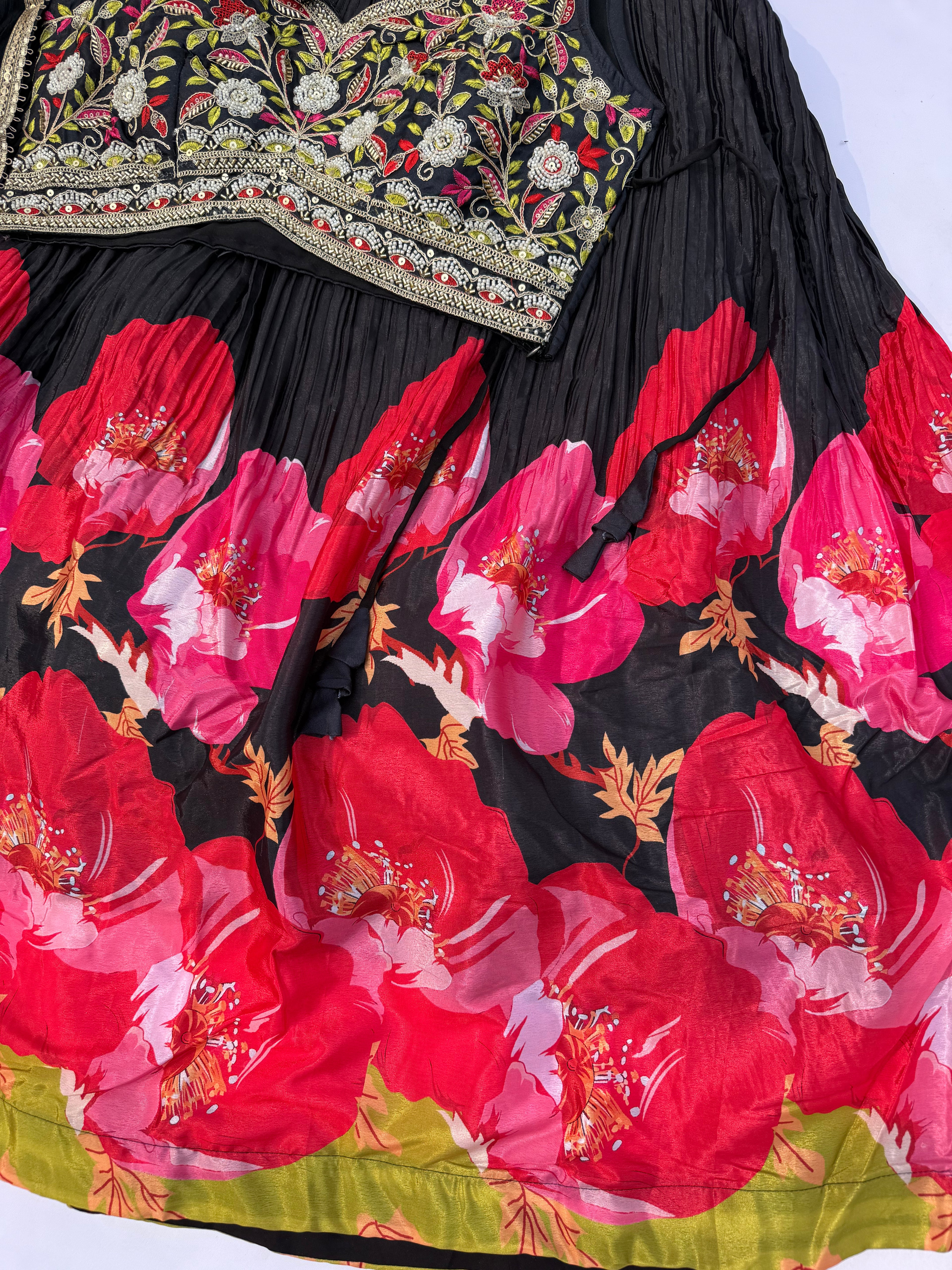 L-110 Floral Chinon Print Lehenga with Banglori Silk Embroidered Choli & Chiffon Dupatta