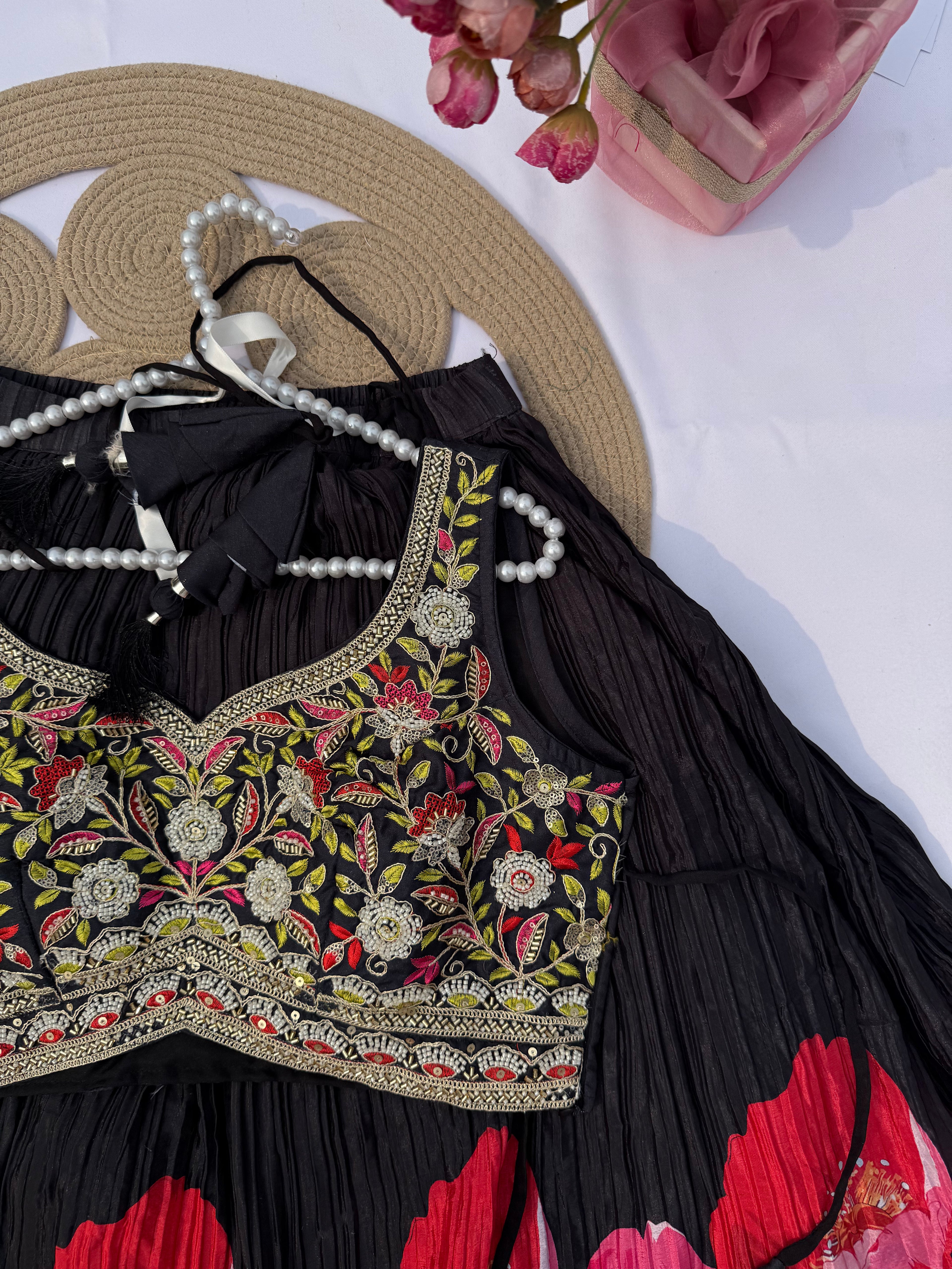 L-110 Floral Chinon Print Lehenga with Banglori Silk Embroidered Choli & Chiffon Dupatta