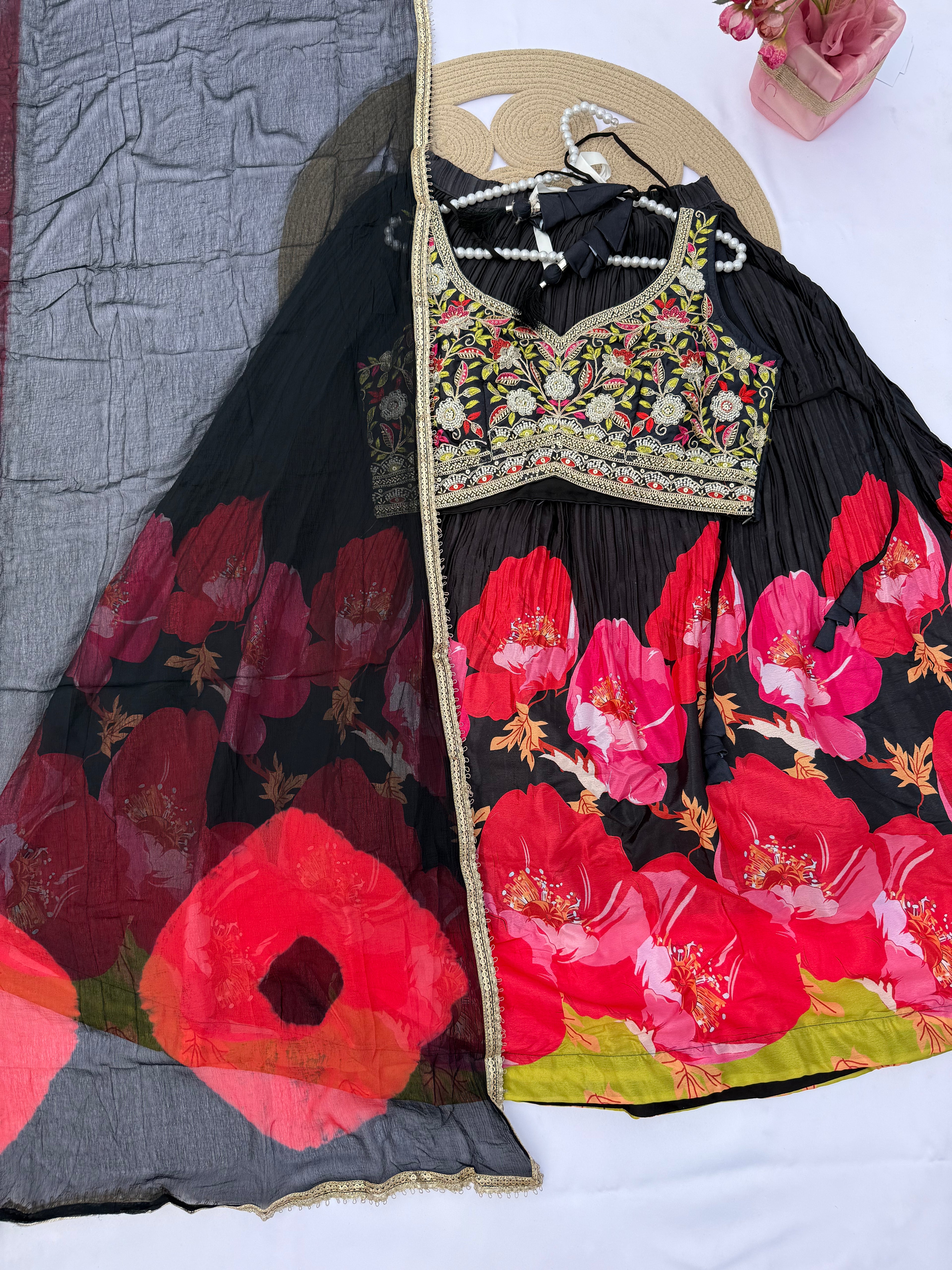 L-110 Floral Chinon Print Lehenga with Banglori Silk Embroidered Choli & Chiffon Dupatta