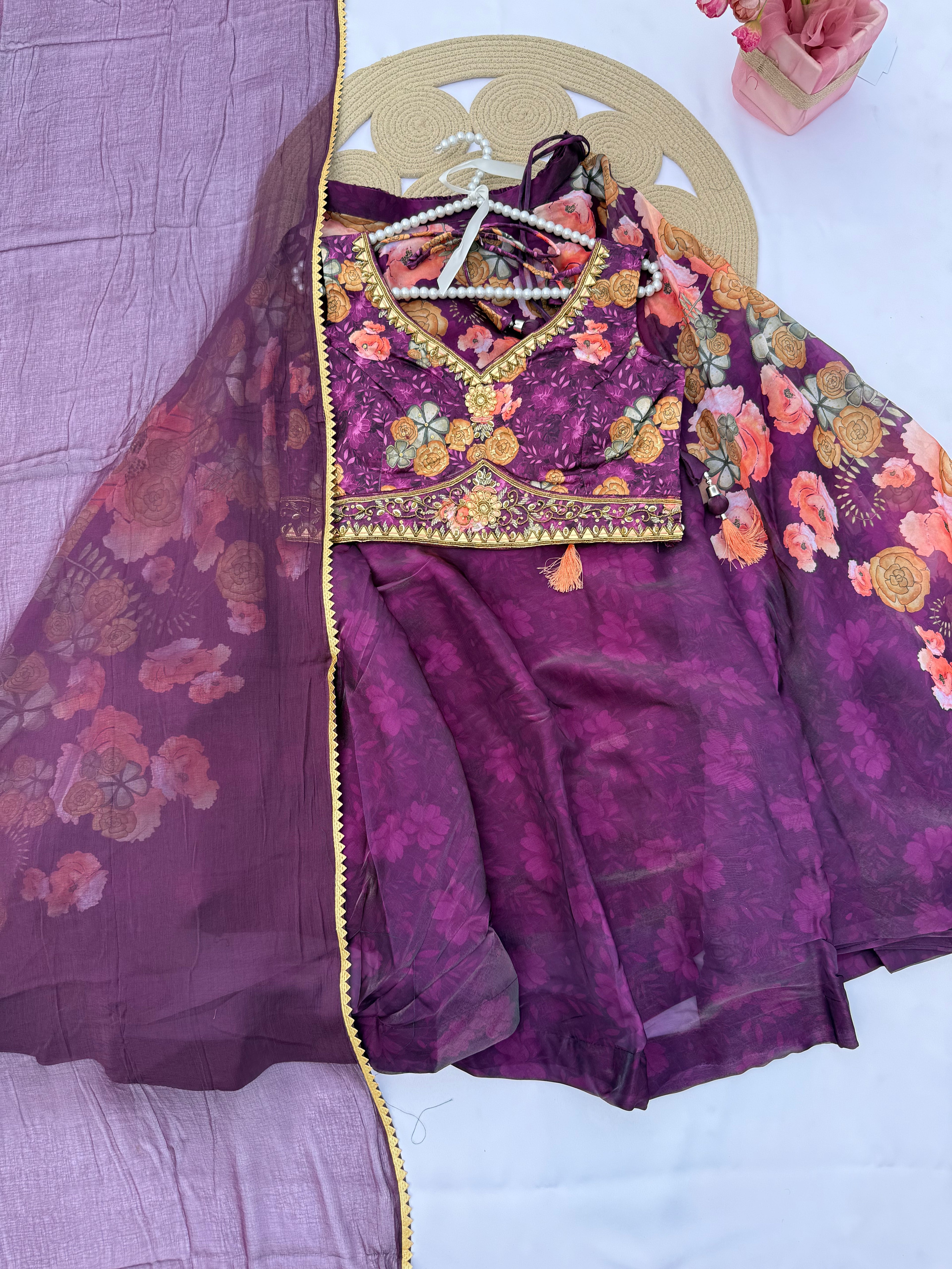 L-111 Floral Jimmy Choo Print Lehenga Set with Handwork Choli & 8 Meter Flare
