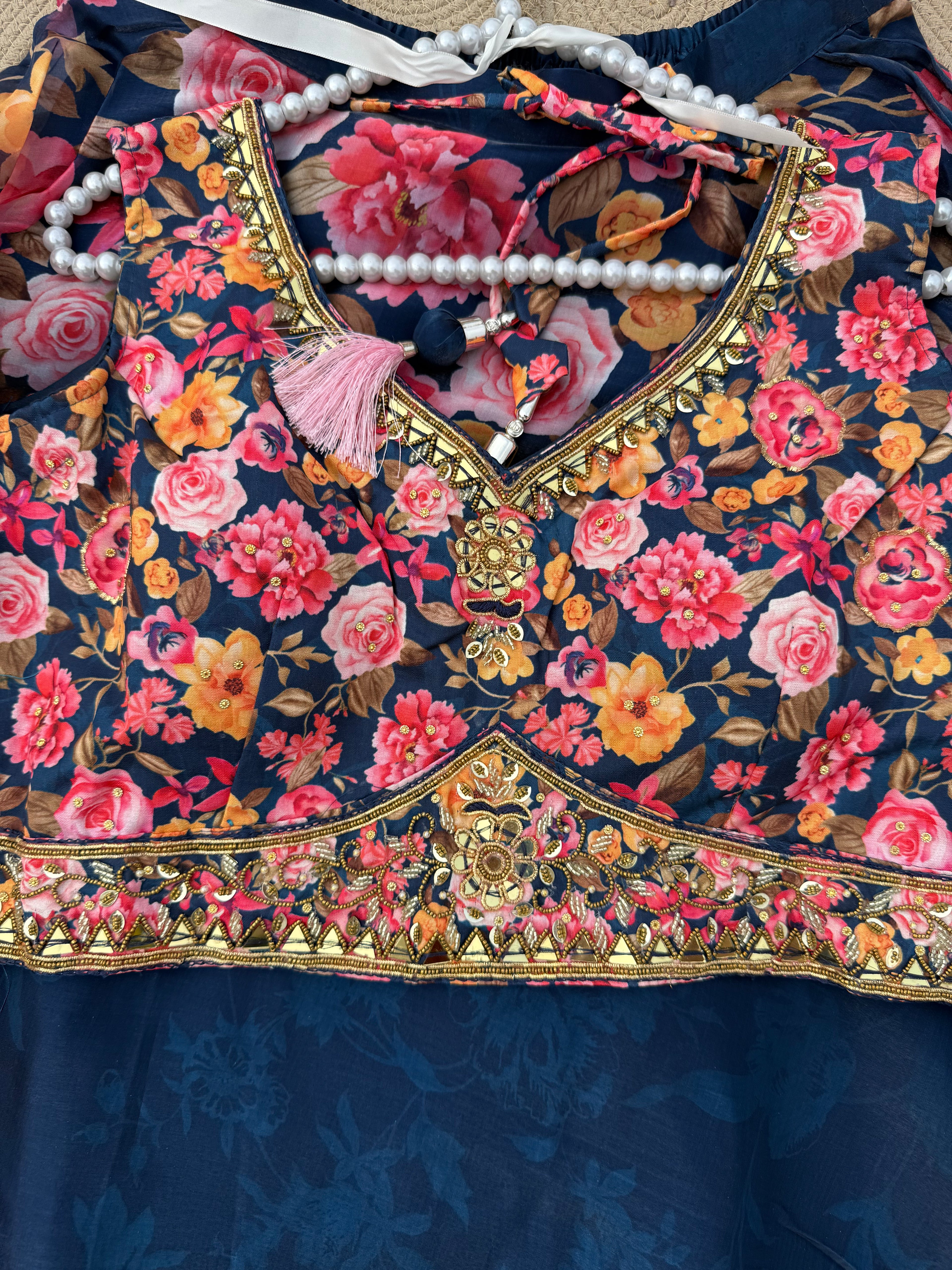 L-111 Floral Jimmy Choo Print Lehenga Set with Handwork Choli & 8 Meter Flare