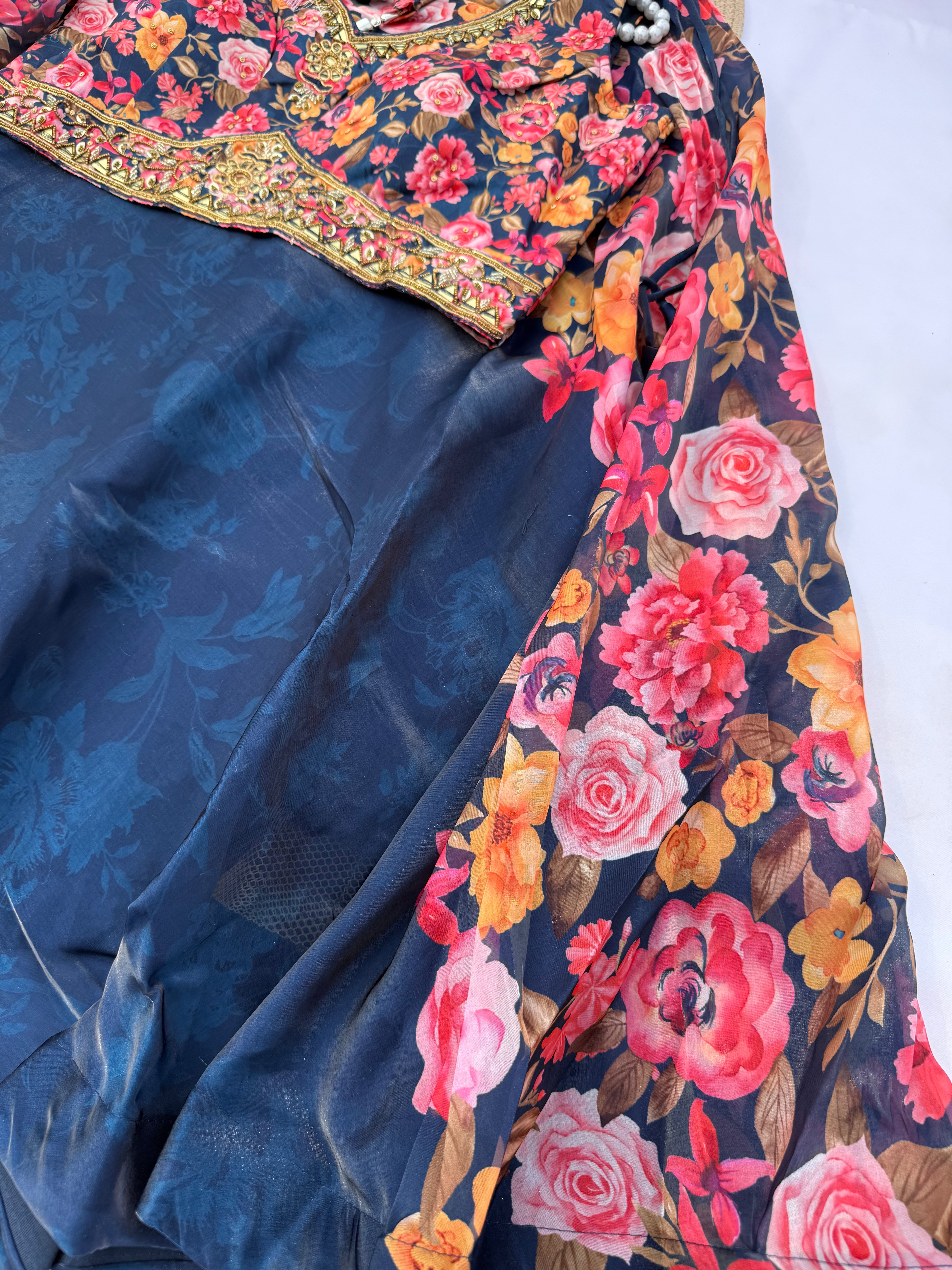 L-111 Floral Jimmy Choo Print Lehenga Set with Handwork Choli & 8 Meter Flare