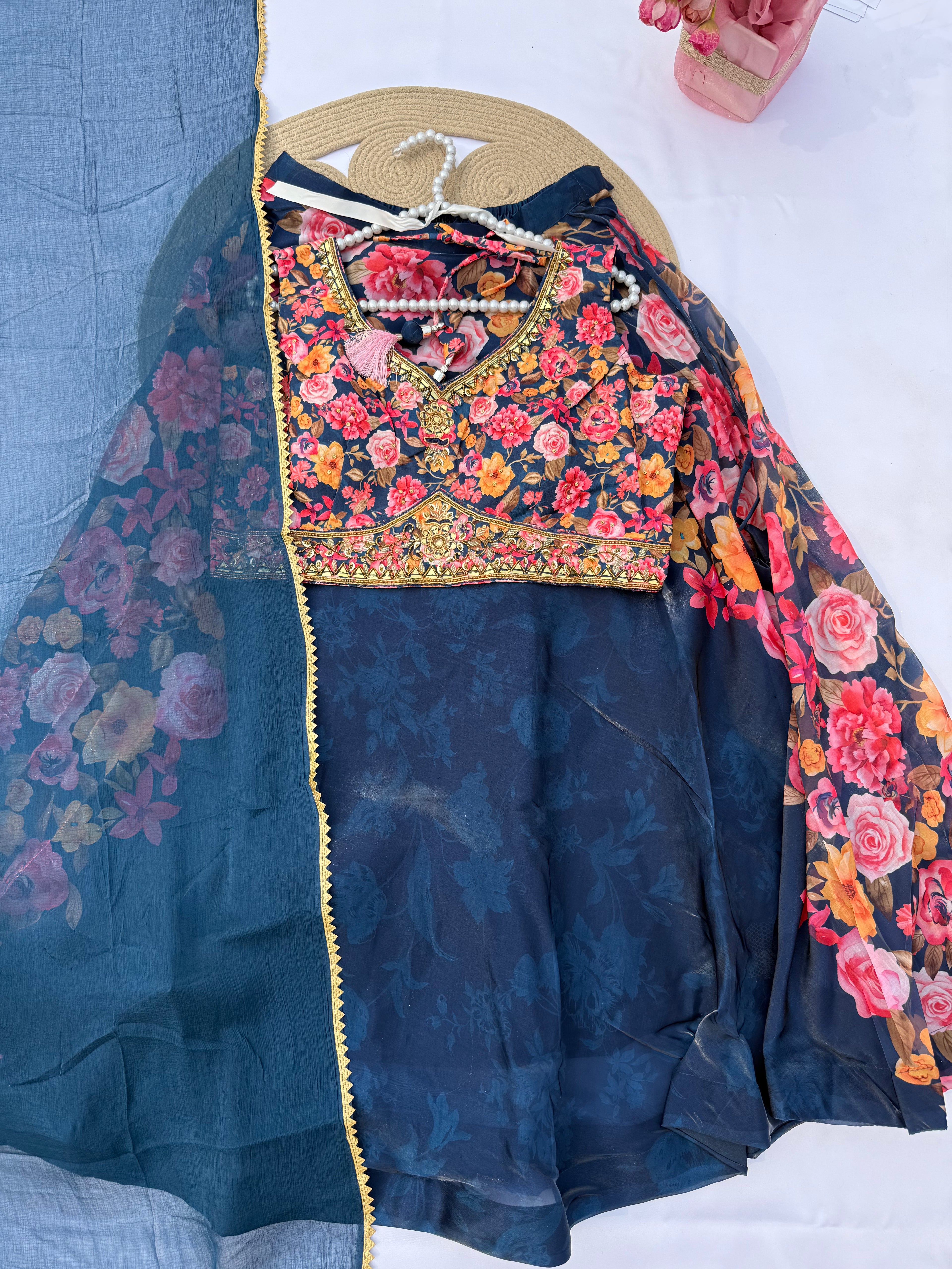 L-111 Floral Jimmy Choo Print Lehenga Set with Handwork Choli & 8 Meter Flare