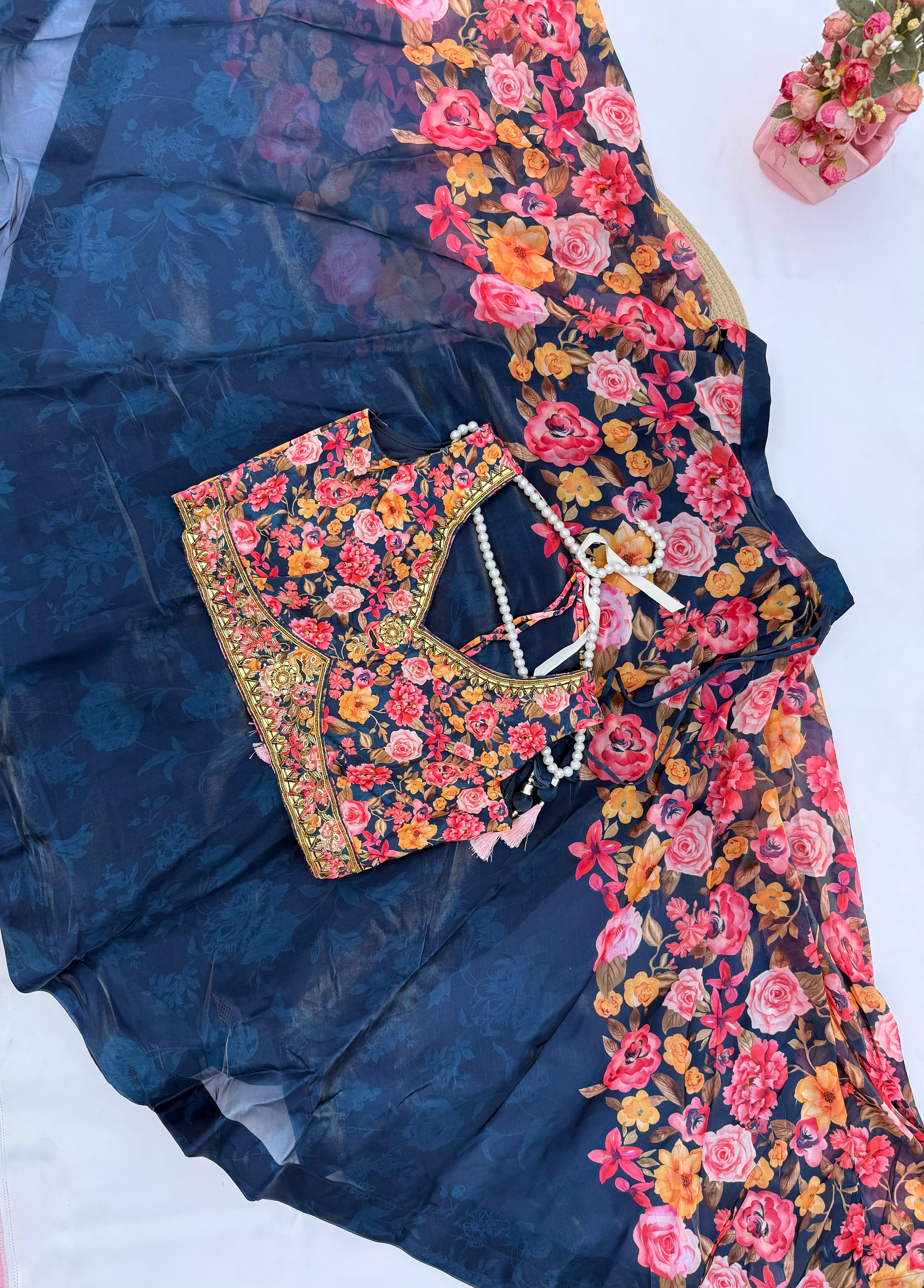 L-111 Floral Jimmy Choo Print Lehenga Set with Handwork Choli & 8 Meter Flare