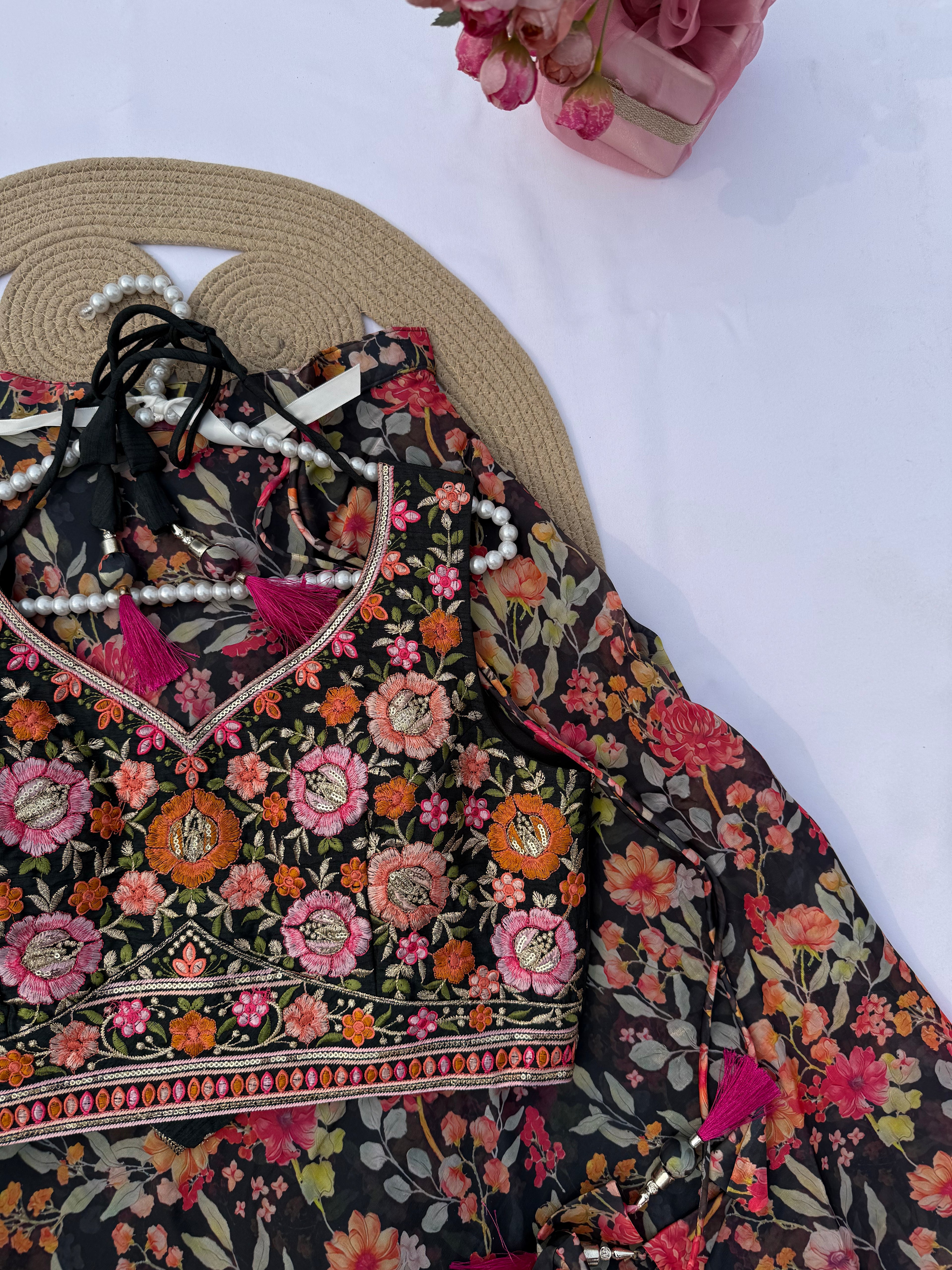 L112 Floral Printed Designer Lehenga with Banglori Silk Embroidered Choli